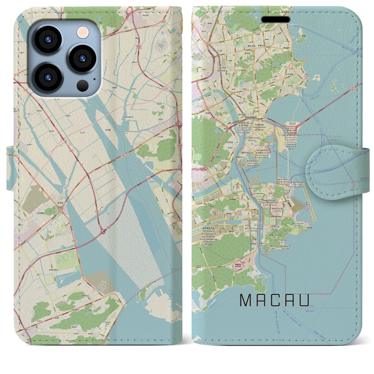 【マカオ】地図柄iPhoneケース（手帳両面タイプ・ナチュラル）iPhone 13 Pro Max 用