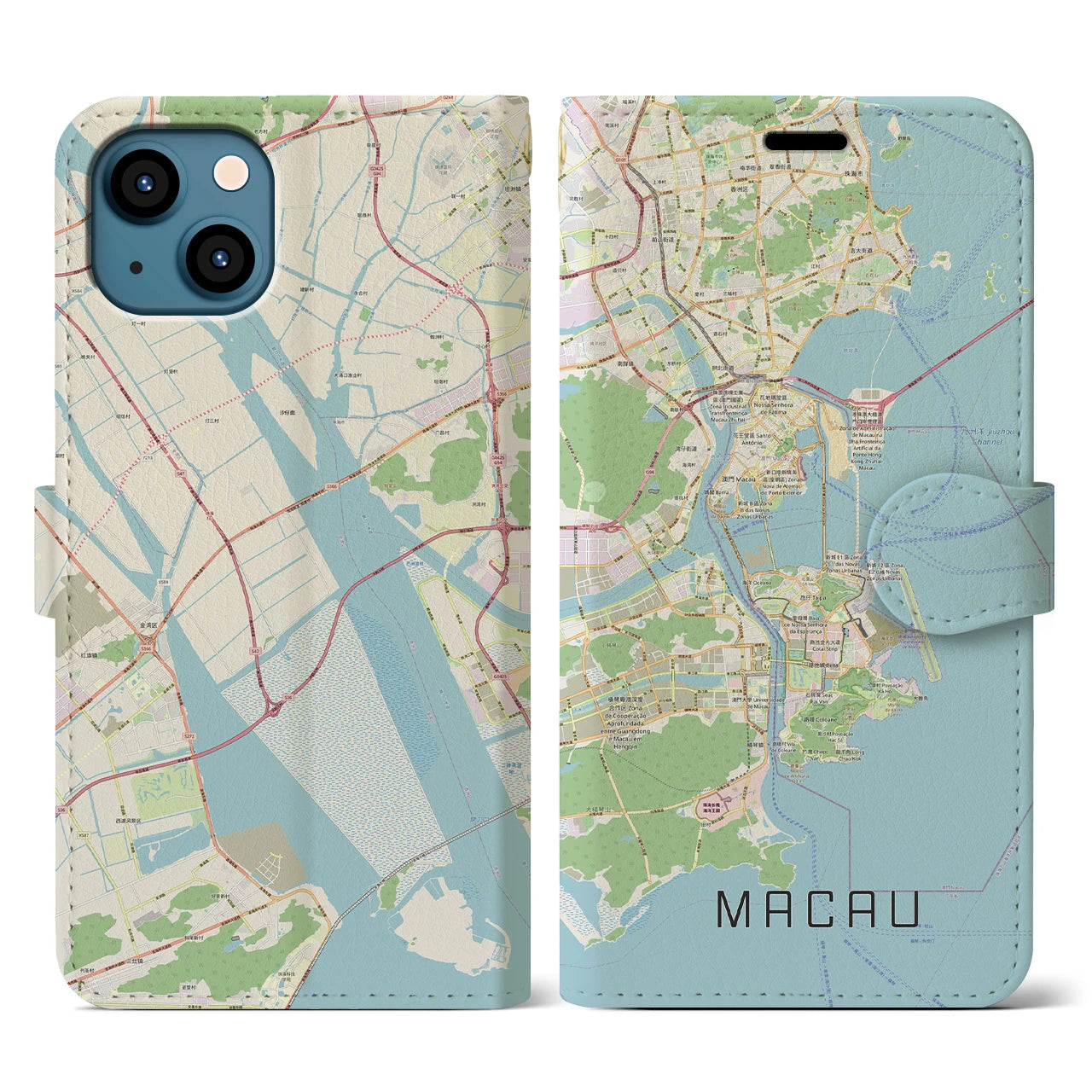 【マカオ】地図柄iPhoneケース（手帳両面タイプ・ナチュラル）iPhone 13 用