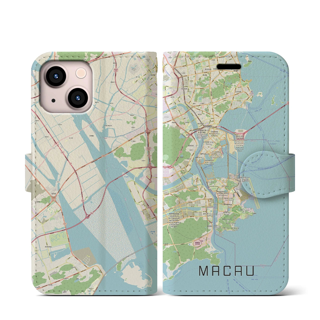 【マカオ】地図柄iPhoneケース（手帳両面タイプ・ナチュラル）iPhone 13 mini 用