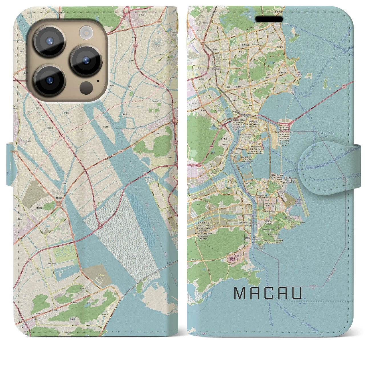 【マカオ】地図柄iPhoneケース（手帳両面タイプ・ナチュラル）iPhone 14 Pro Max 用
