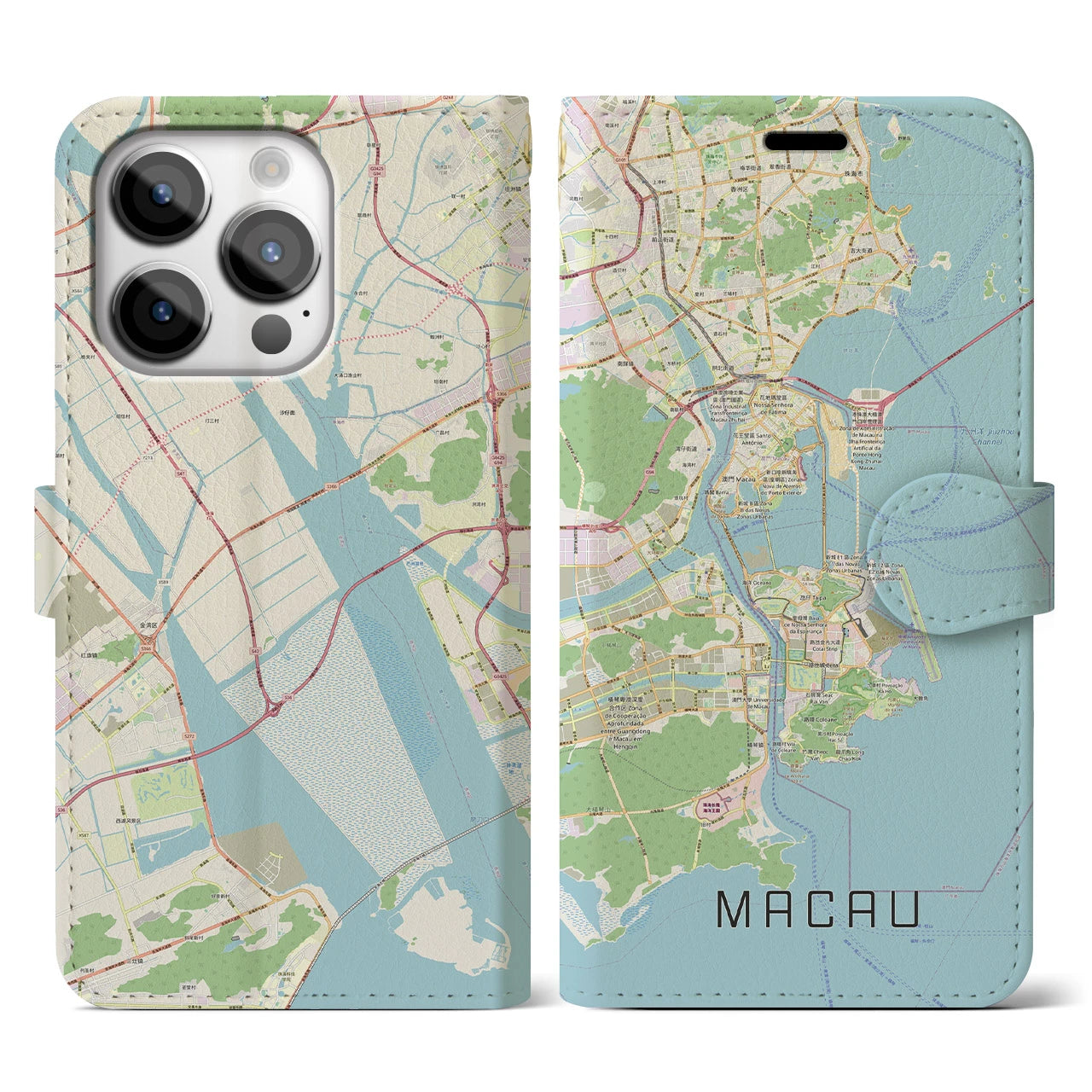 【マカオ】地図柄iPhoneケース（手帳両面タイプ・ナチュラル）iPhone 14 Pro 用