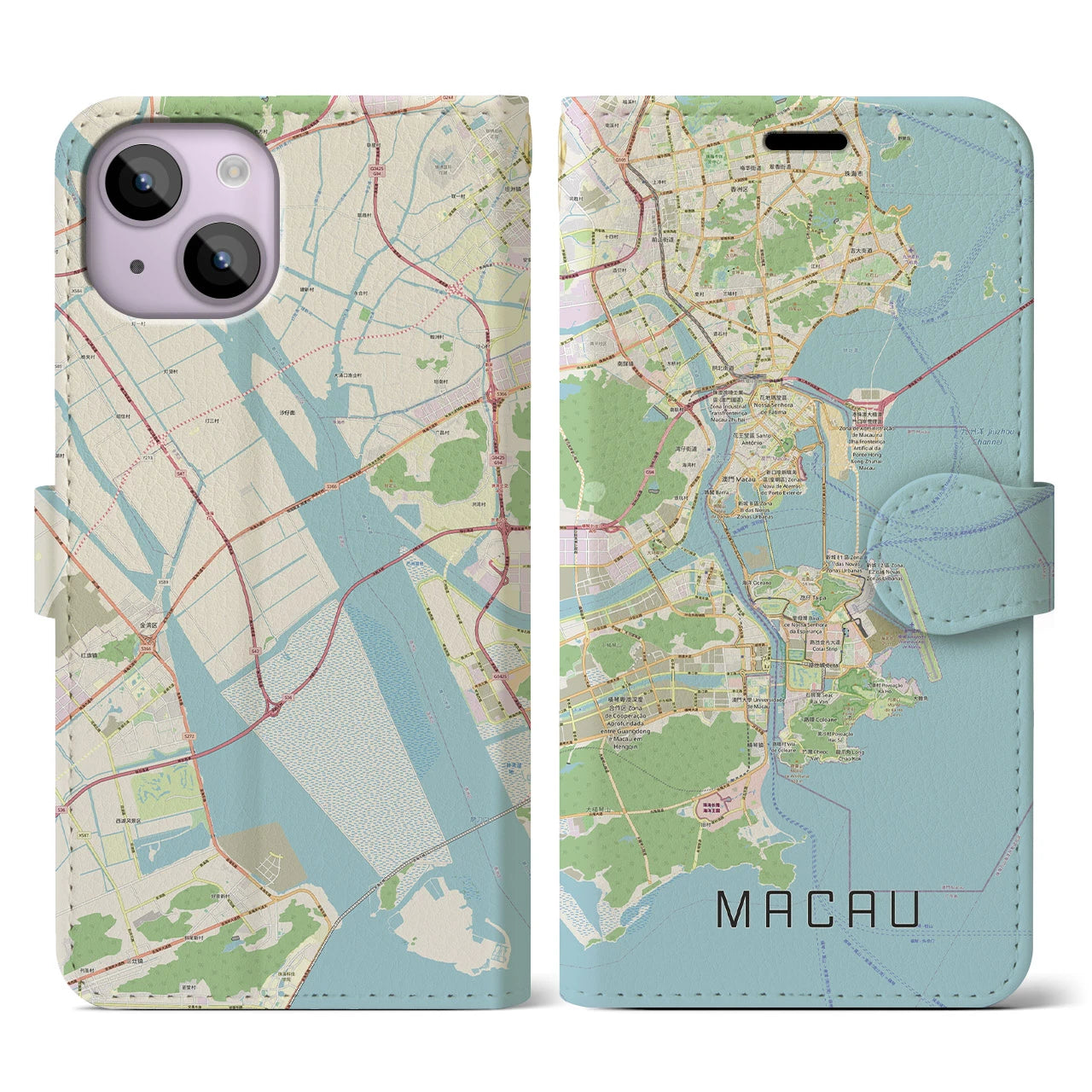 【マカオ】地図柄iPhoneケース（手帳両面タイプ・ナチュラル）iPhone 14 用