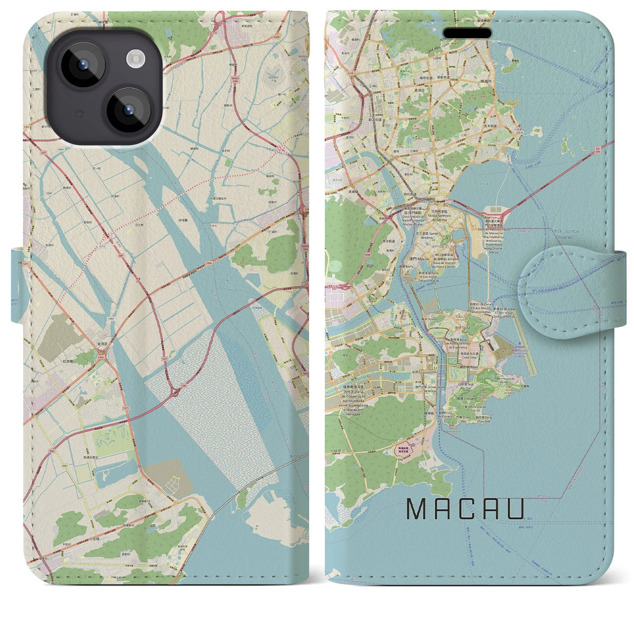 【マカオ】地図柄iPhoneケース（手帳両面タイプ・ナチュラル）iPhone 14 Plus 用