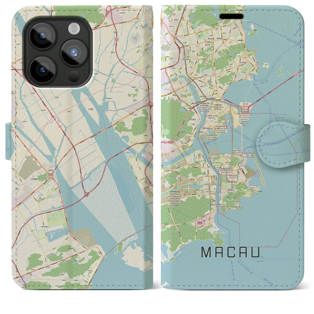 【マカオ】地図柄iPhoneケース（手帳両面タイプ・ナチュラル）iPhone 15 Pro Max 用