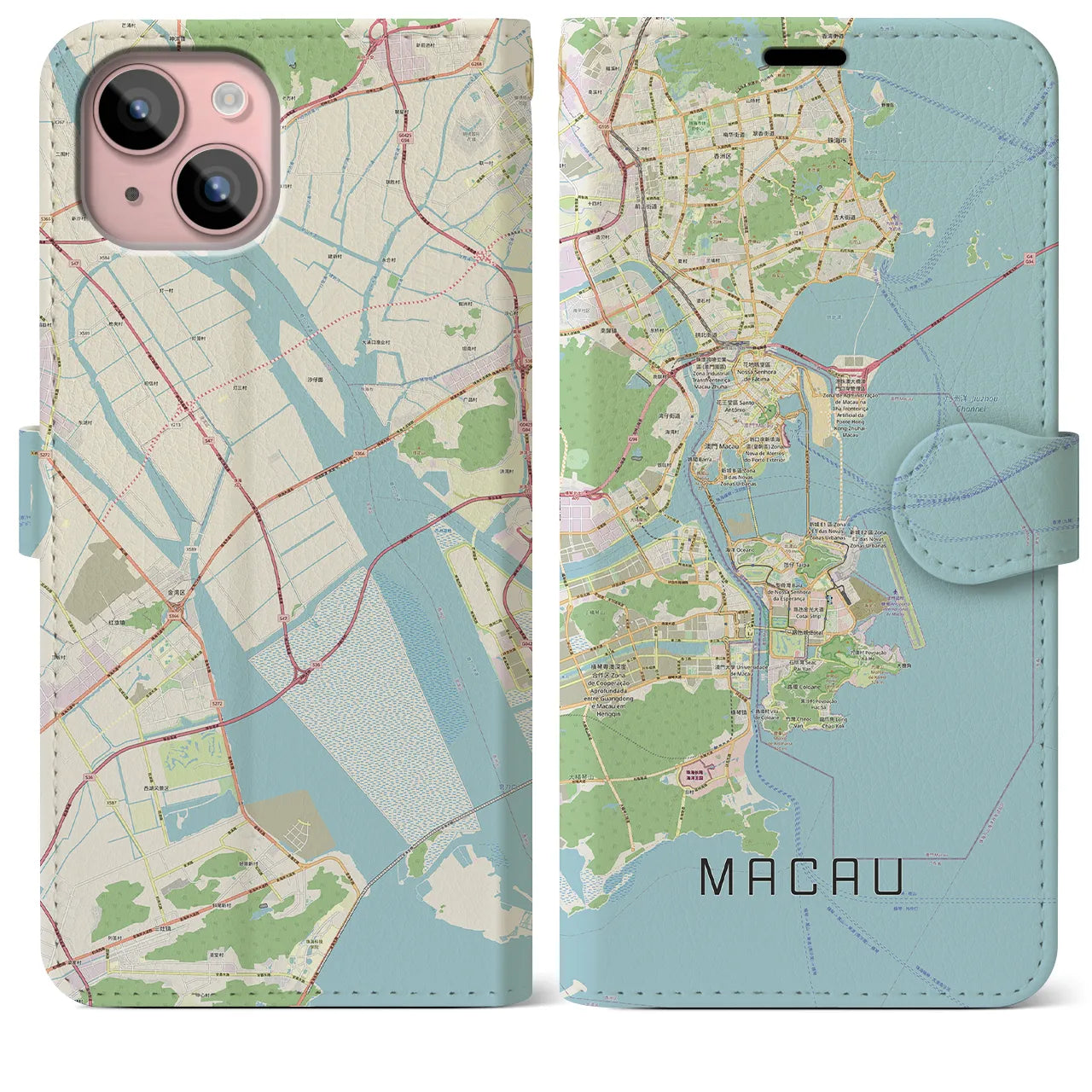 【マカオ】地図柄iPhoneケース（手帳両面タイプ・ナチュラル）iPhone 15 Plus 用