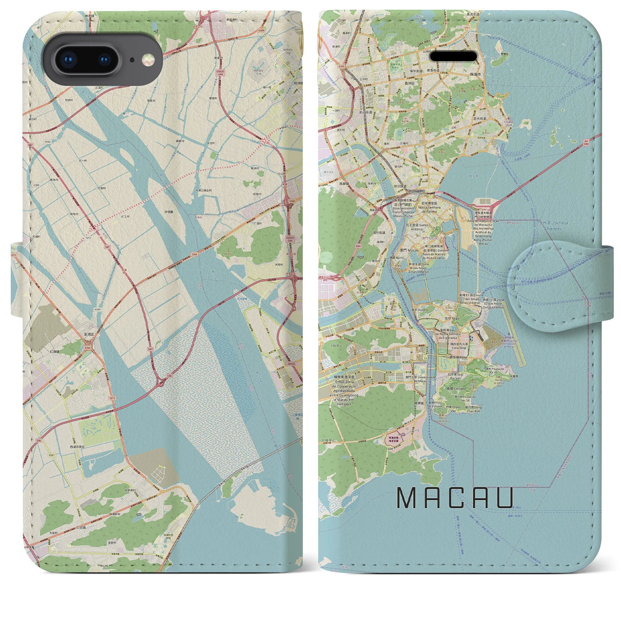 【マカオ】地図柄iPhoneケース（手帳両面タイプ・ナチュラル）iPhone 8Plus /7Plus / 6sPlus / 6Plus 用