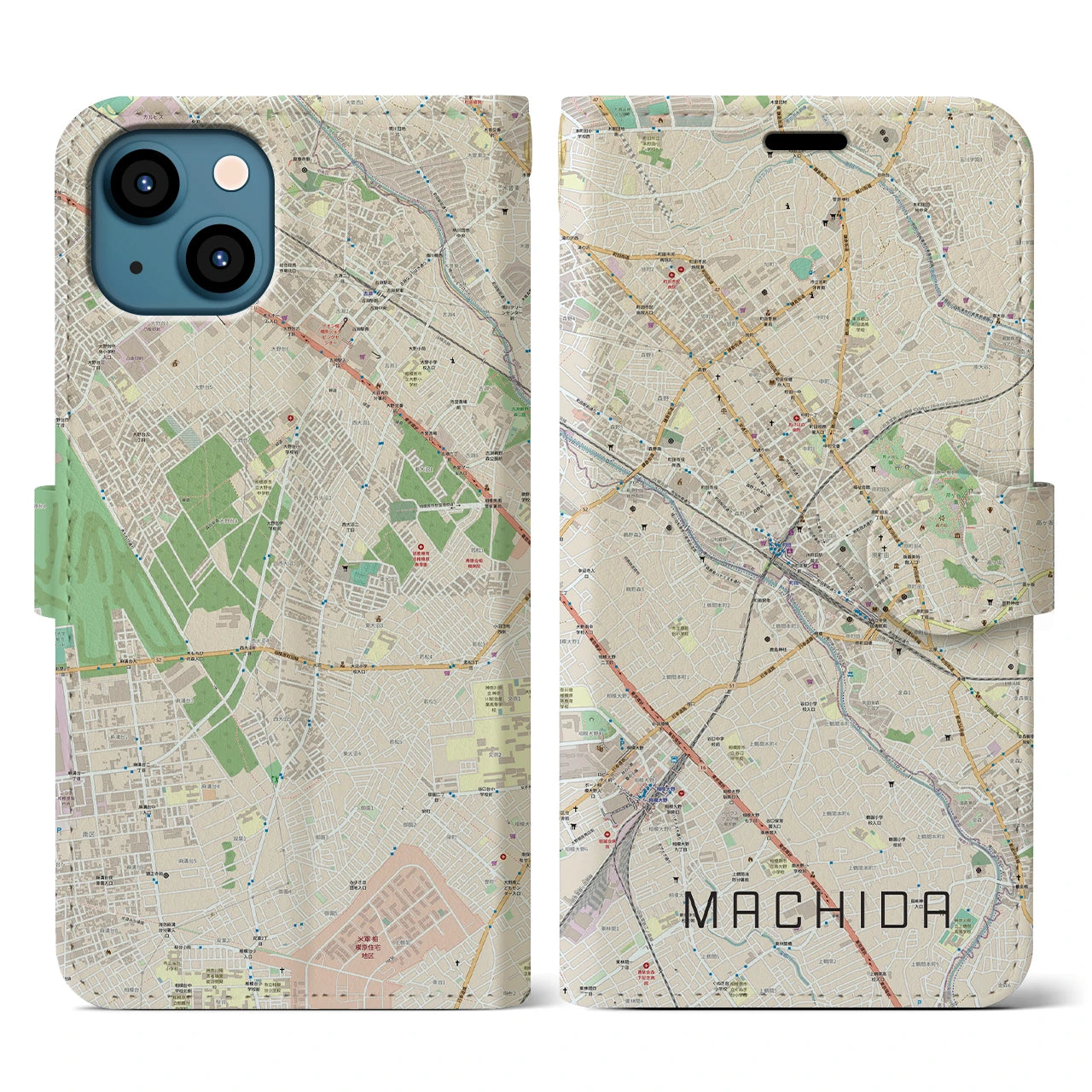 【町田】地図柄iPhoneケース（手帳両面タイプ・ナチュラル）iPhone 13 用