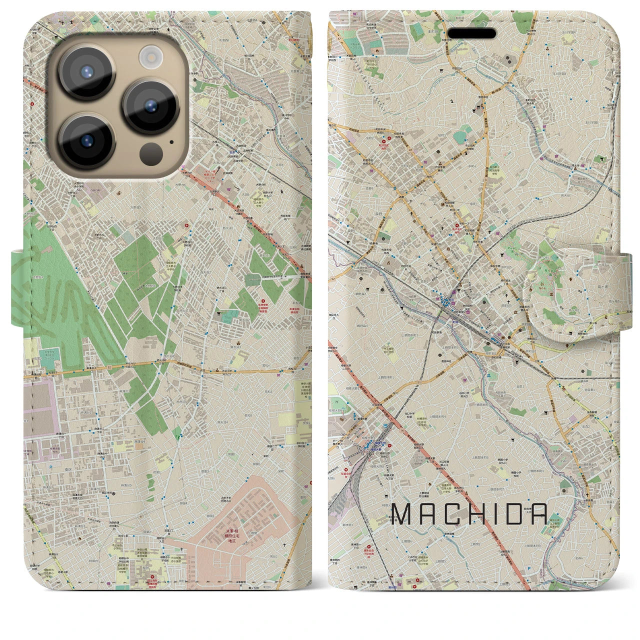 【町田】地図柄iPhoneケース（手帳両面タイプ・ナチュラル）iPhone 14 Pro Max 用