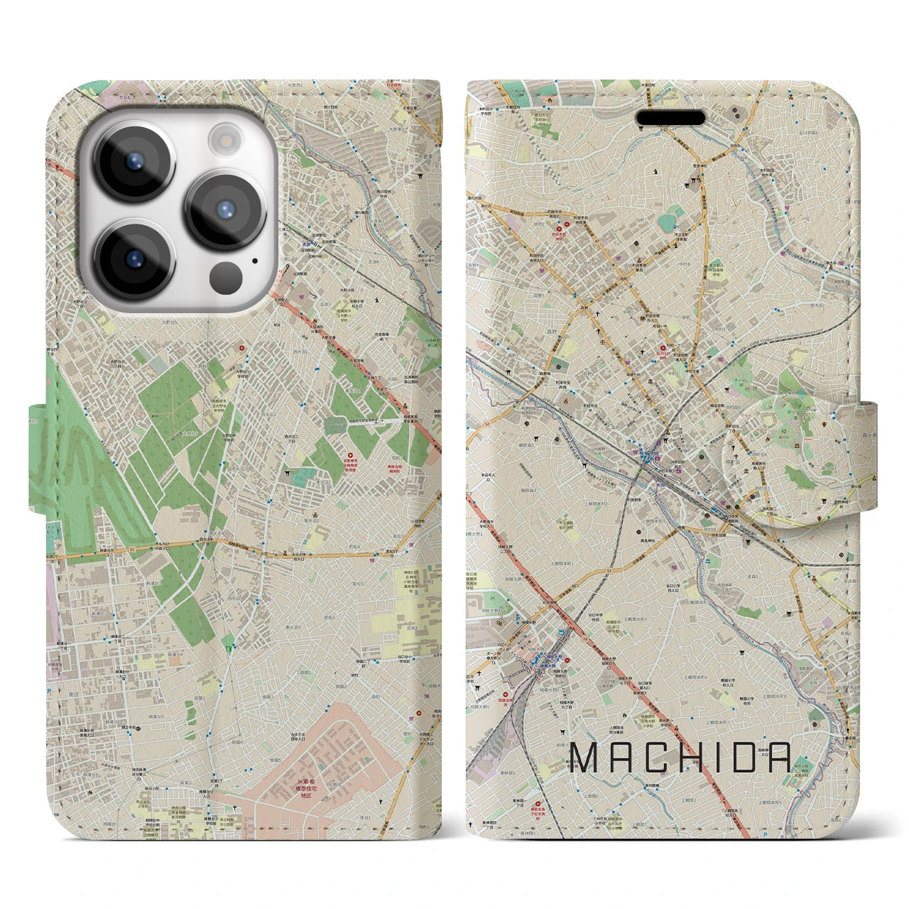【町田】地図柄iPhoneケース（手帳両面タイプ・ナチュラル）iPhone 14 Pro 用