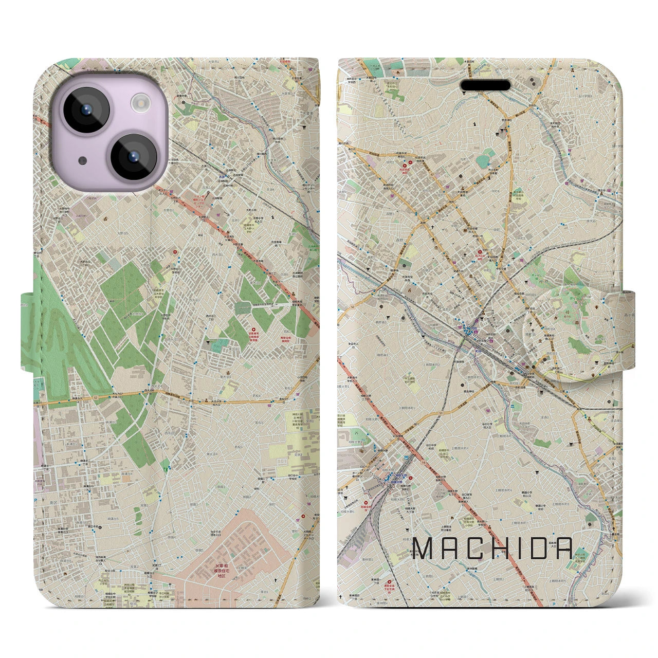 【町田】地図柄iPhoneケース（手帳両面タイプ・ナチュラル）iPhone 14 用