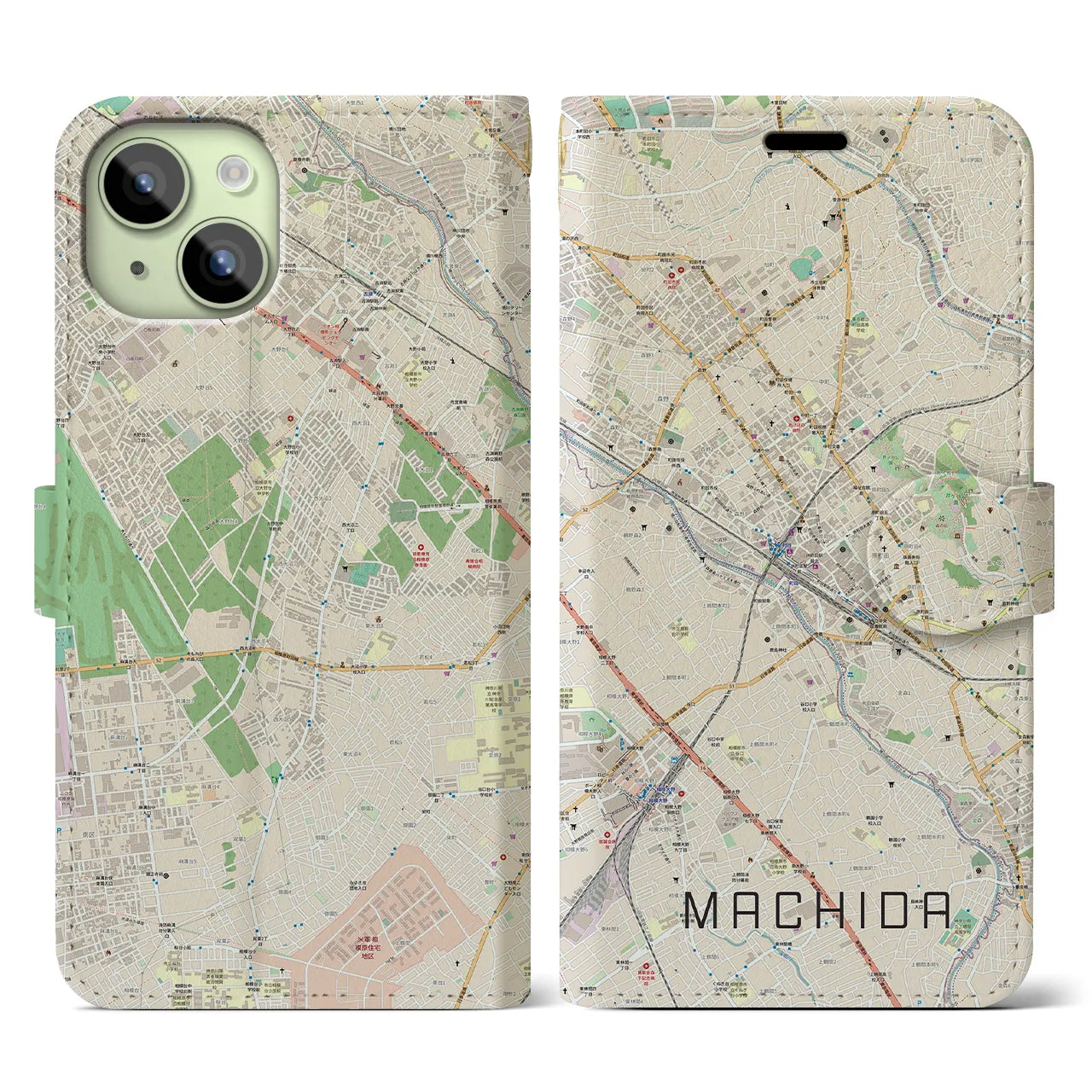 【町田】地図柄iPhoneケース（手帳両面タイプ・ナチュラル）iPhone 15 用