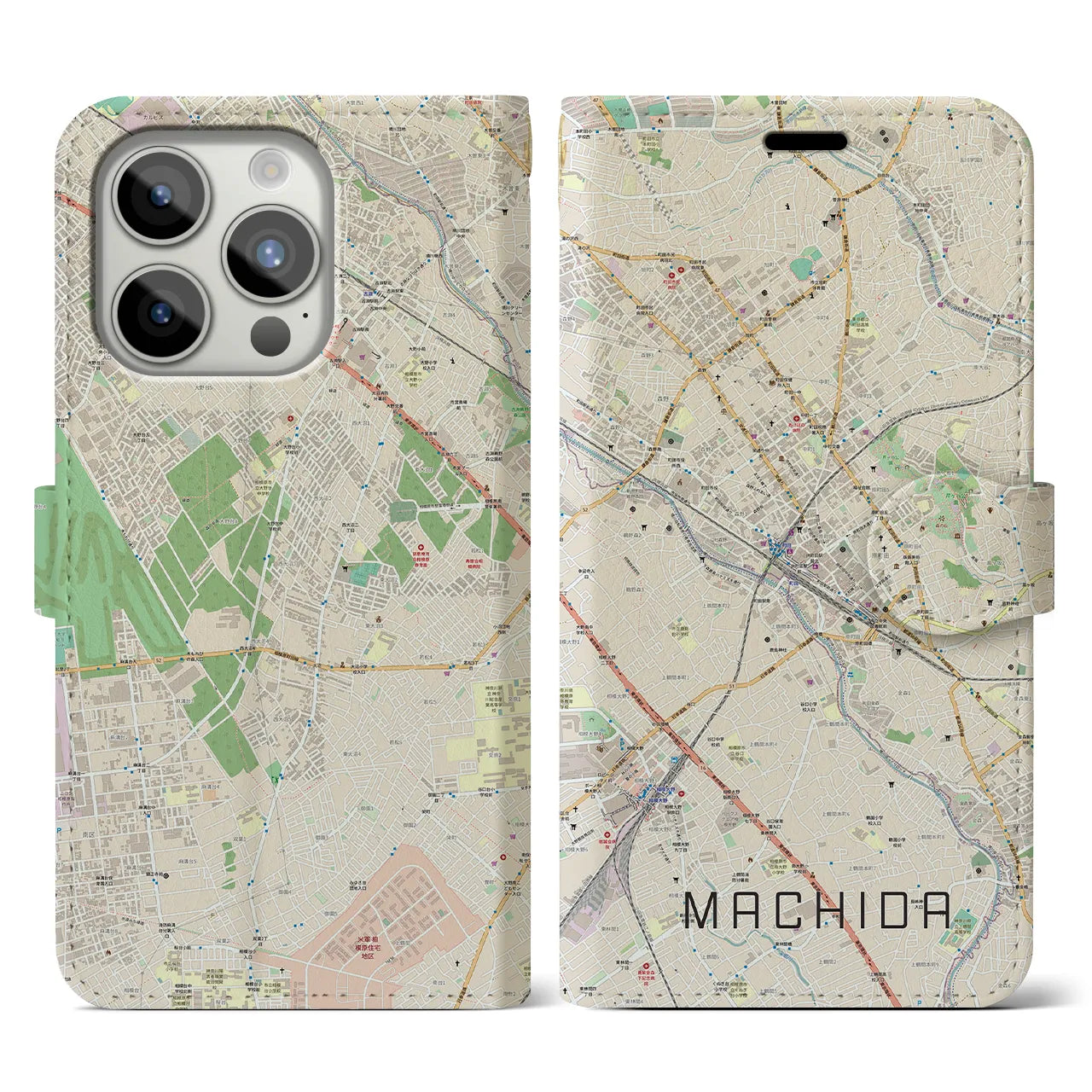 【町田】地図柄iPhoneケース（手帳両面タイプ・ナチュラル）iPhone 15 Pro 用