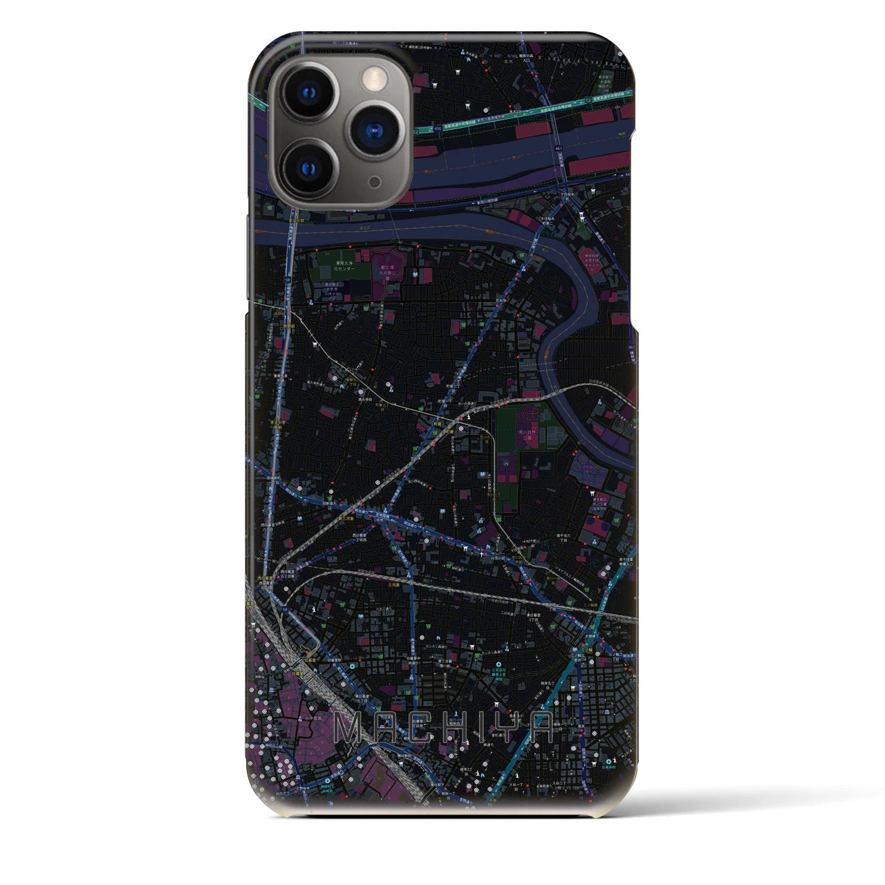 【町屋】地図柄iPhoneケース（バックカバータイプ・ブラック）iPhone 11 Pro Max 用