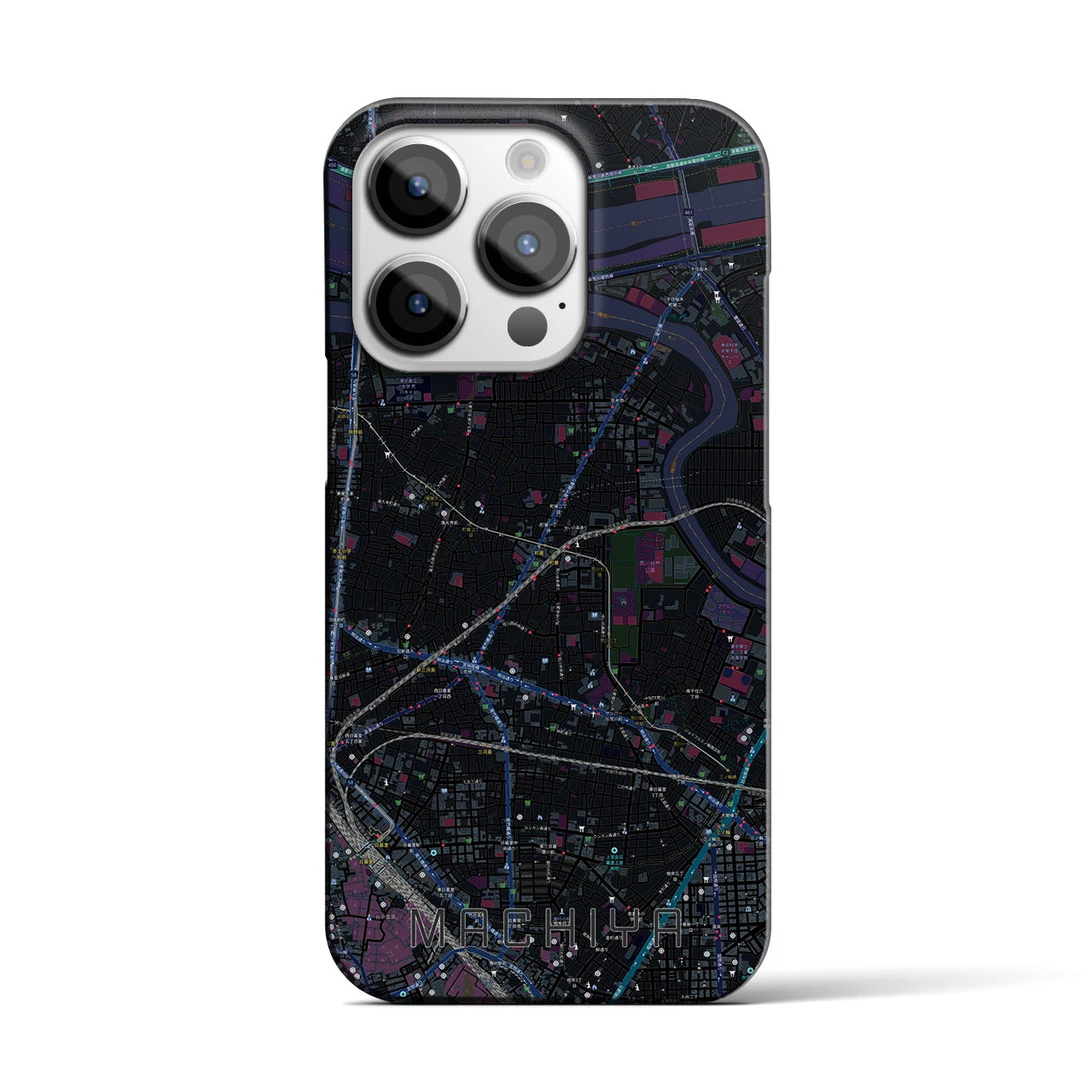 【町屋】地図柄iPhoneケース（バックカバータイプ・ブラック）iPhone 14 Pro 用