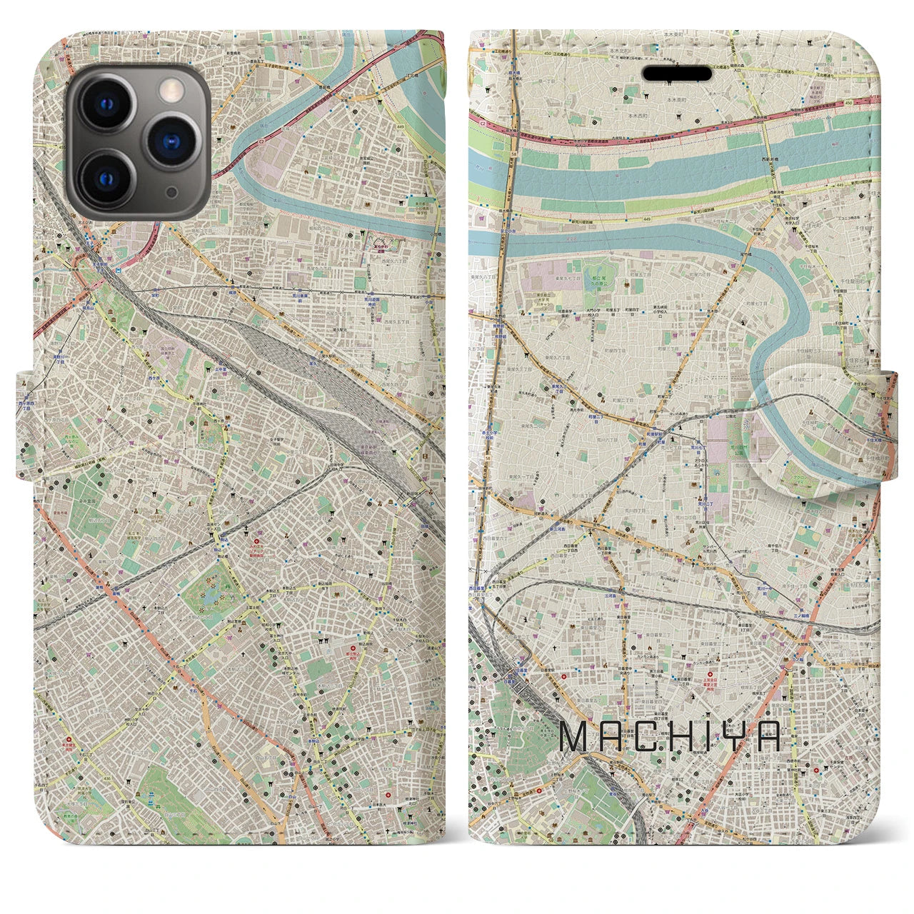 【町屋】地図柄iPhoneケース（手帳両面タイプ・ナチュラル）iPhone 11 Pro Max 用