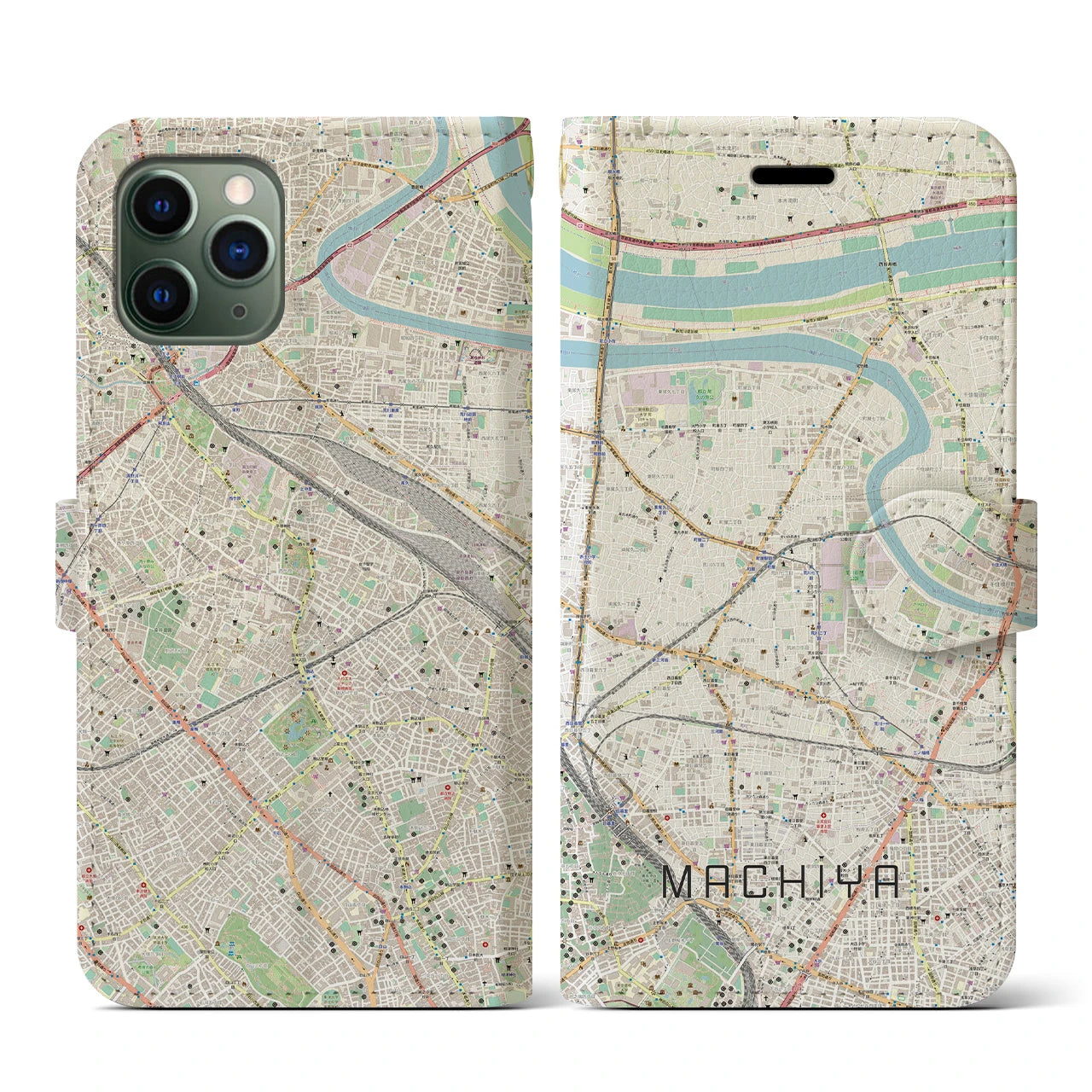 【町屋】地図柄iPhoneケース（手帳両面タイプ・ナチュラル）iPhone 11 Pro 用