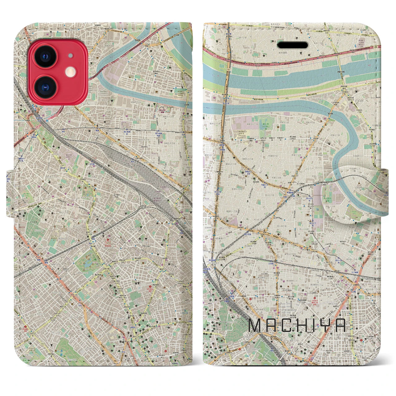 【町屋】地図柄iPhoneケース（手帳両面タイプ・ナチュラル）iPhone 11 用