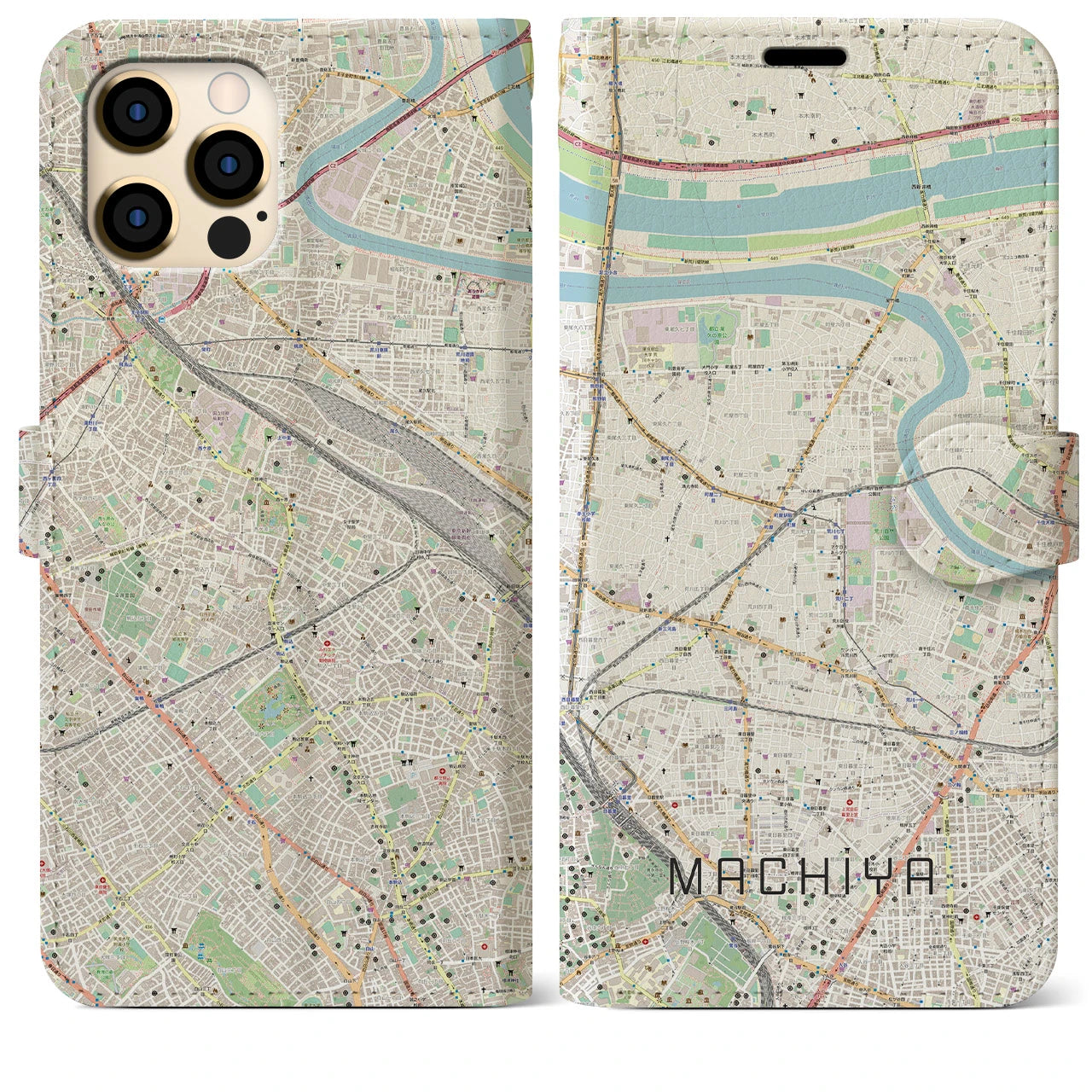 【町屋】地図柄iPhoneケース（手帳両面タイプ・ナチュラル）iPhone 12 Pro Max 用