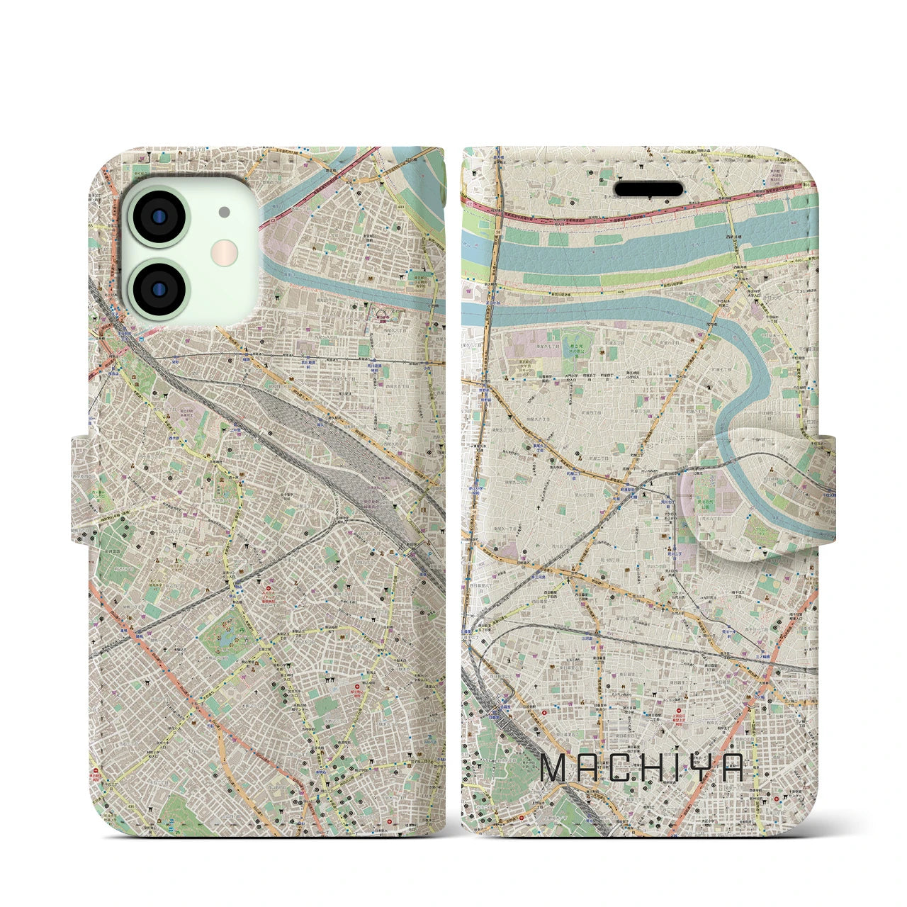 【町屋】地図柄iPhoneケース（手帳両面タイプ・ナチュラル）iPhone 12 mini 用