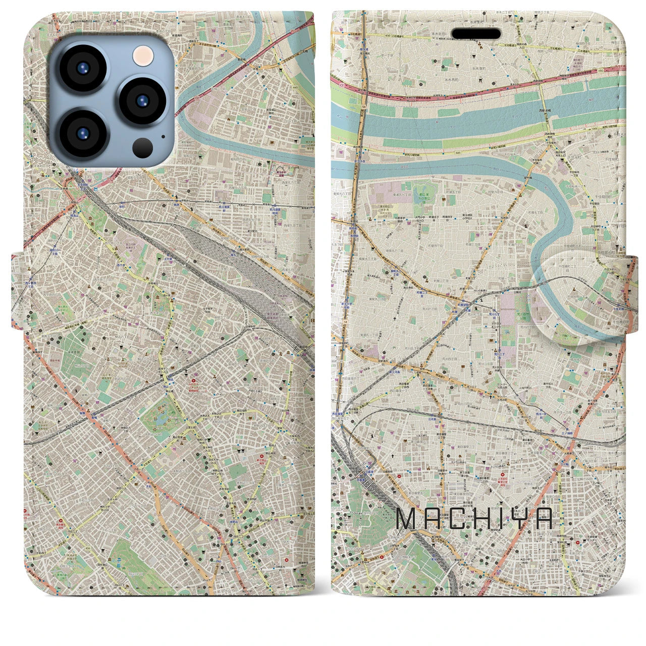 【町屋】地図柄iPhoneケース（手帳両面タイプ・ナチュラル）iPhone 13 Pro Max 用