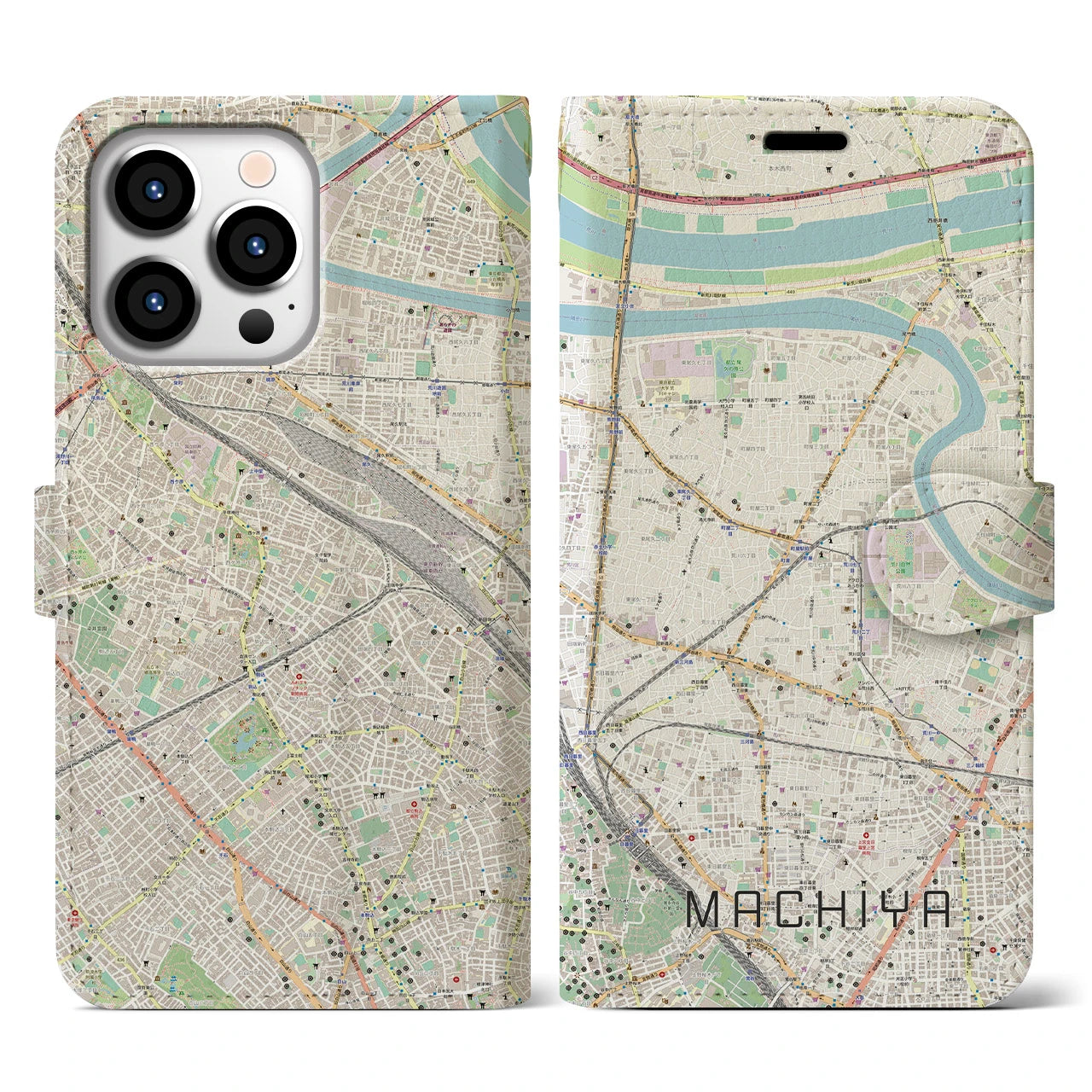 【町屋】地図柄iPhoneケース（手帳両面タイプ・ナチュラル）iPhone 13 Pro 用
