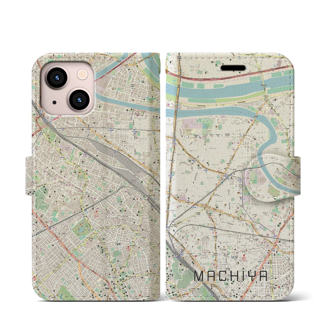 【町屋】地図柄iPhoneケース（手帳両面タイプ・ナチュラル）iPhone 13 mini 用