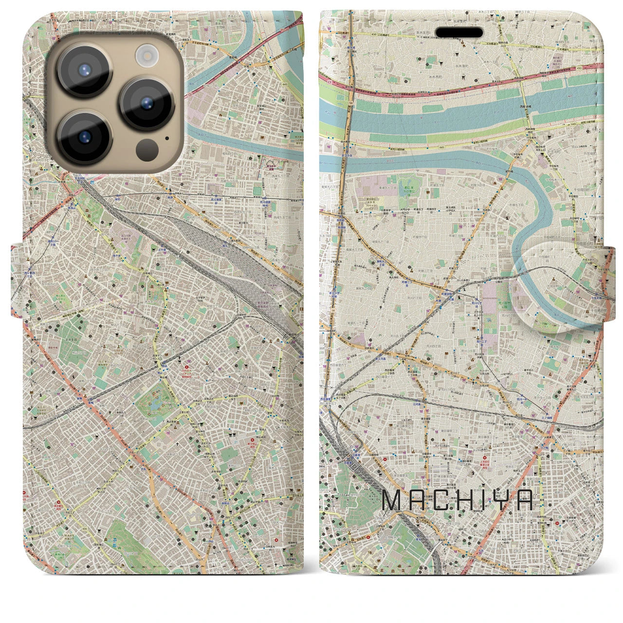 【町屋】地図柄iPhoneケース（手帳両面タイプ・ナチュラル）iPhone 14 Pro Max 用