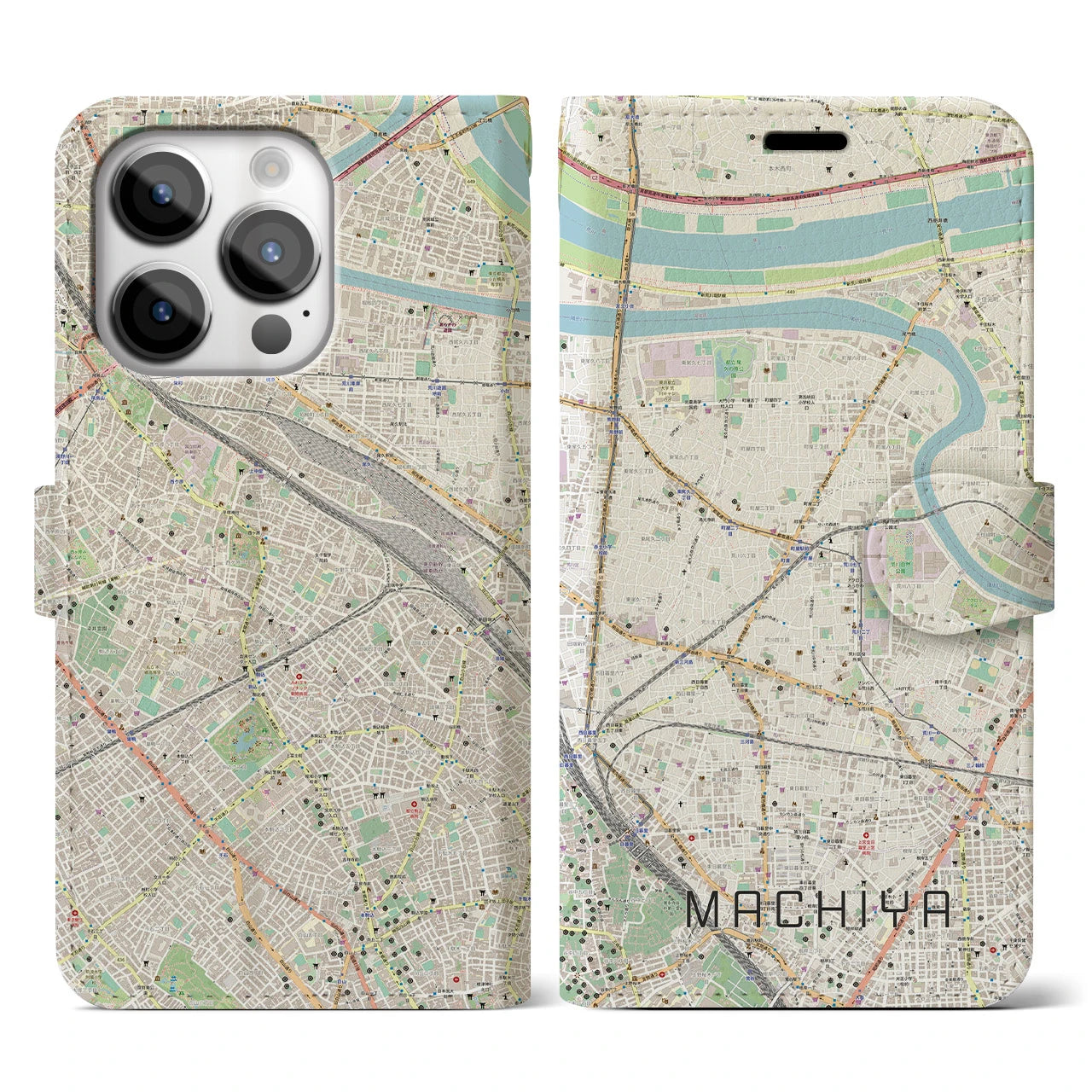 【町屋】地図柄iPhoneケース（手帳両面タイプ・ナチュラル）iPhone 14 Pro 用