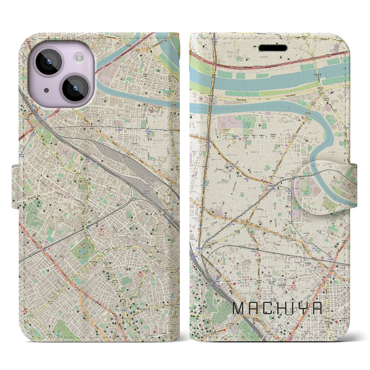 【町屋】地図柄iPhoneケース（手帳両面タイプ・ナチュラル）iPhone 14 用