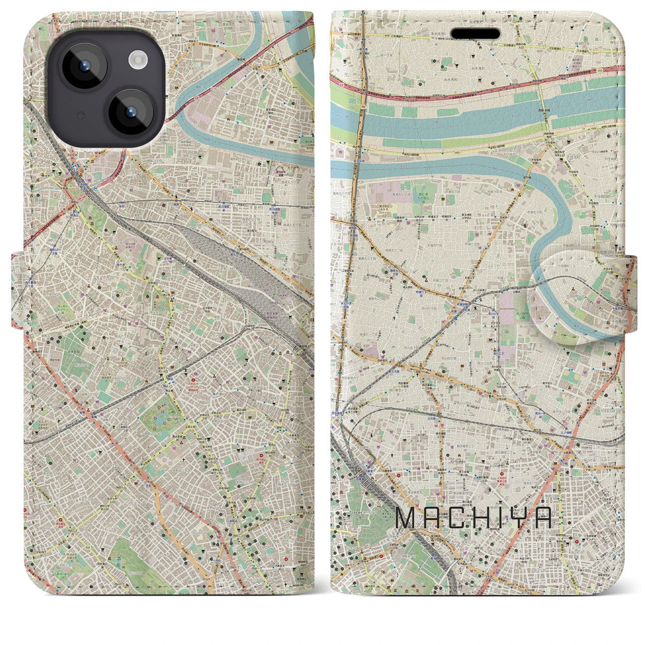 【町屋】地図柄iPhoneケース（手帳両面タイプ・ナチュラル）iPhone 14 Plus 用