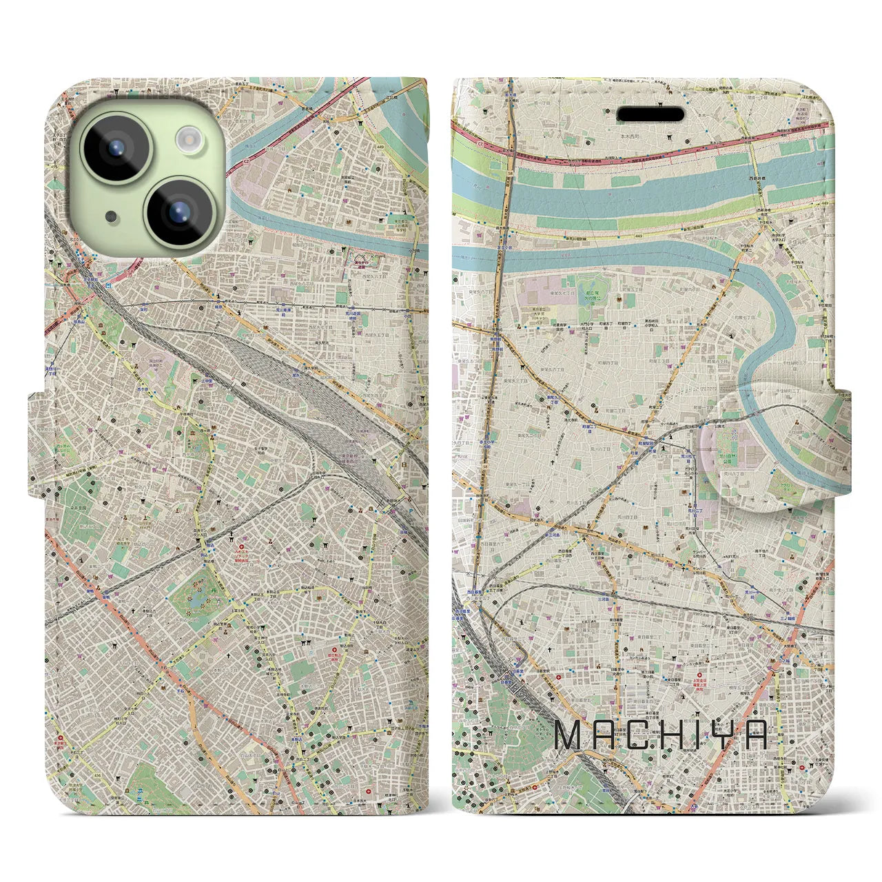 【町屋】地図柄iPhoneケース（手帳両面タイプ・ナチュラル）iPhone 15 用