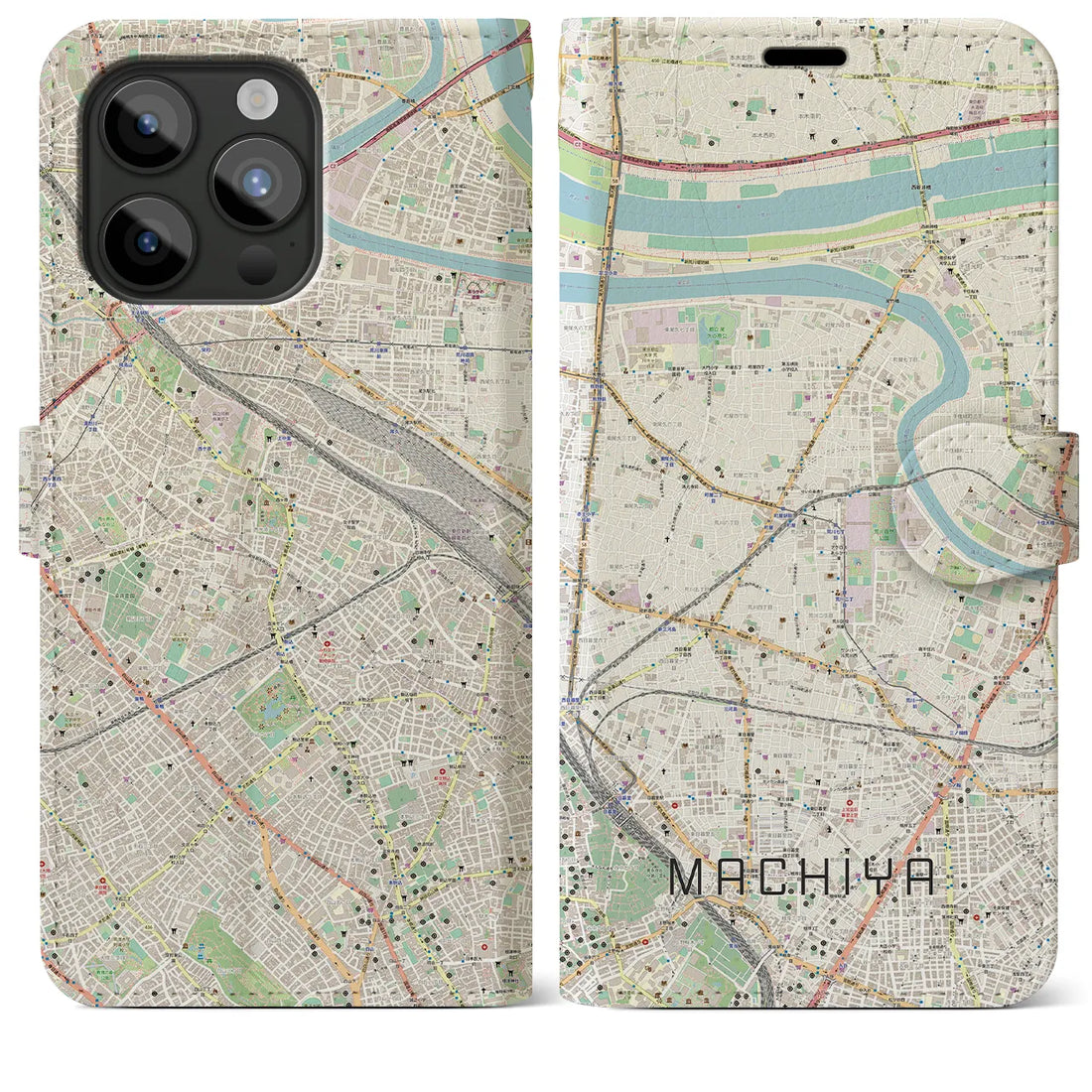 【町屋】地図柄iPhoneケース（手帳両面タイプ・ナチュラル）iPhone 15 Pro Max 用