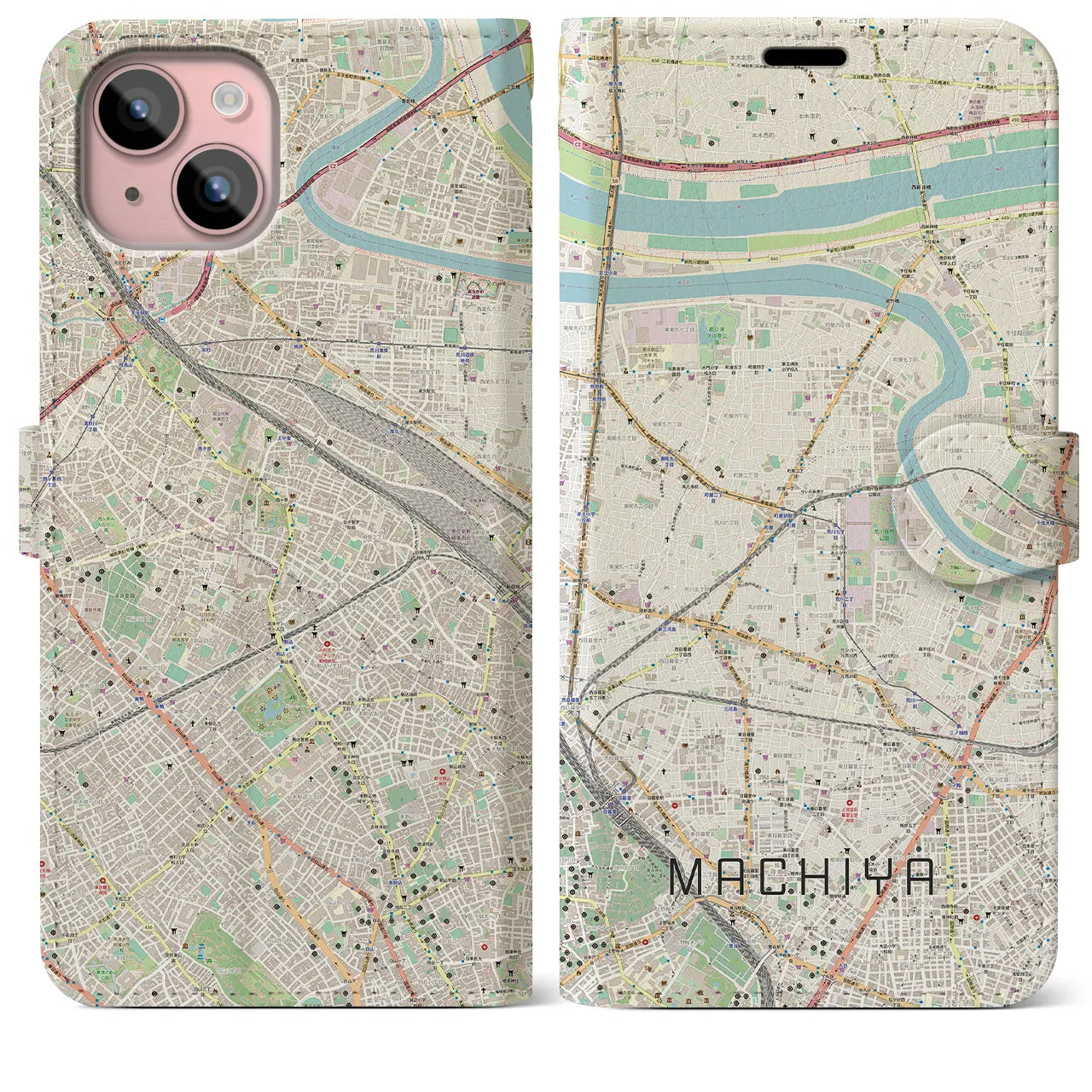 【町屋】地図柄iPhoneケース（手帳両面タイプ・ナチュラル）iPhone 15 Plus 用