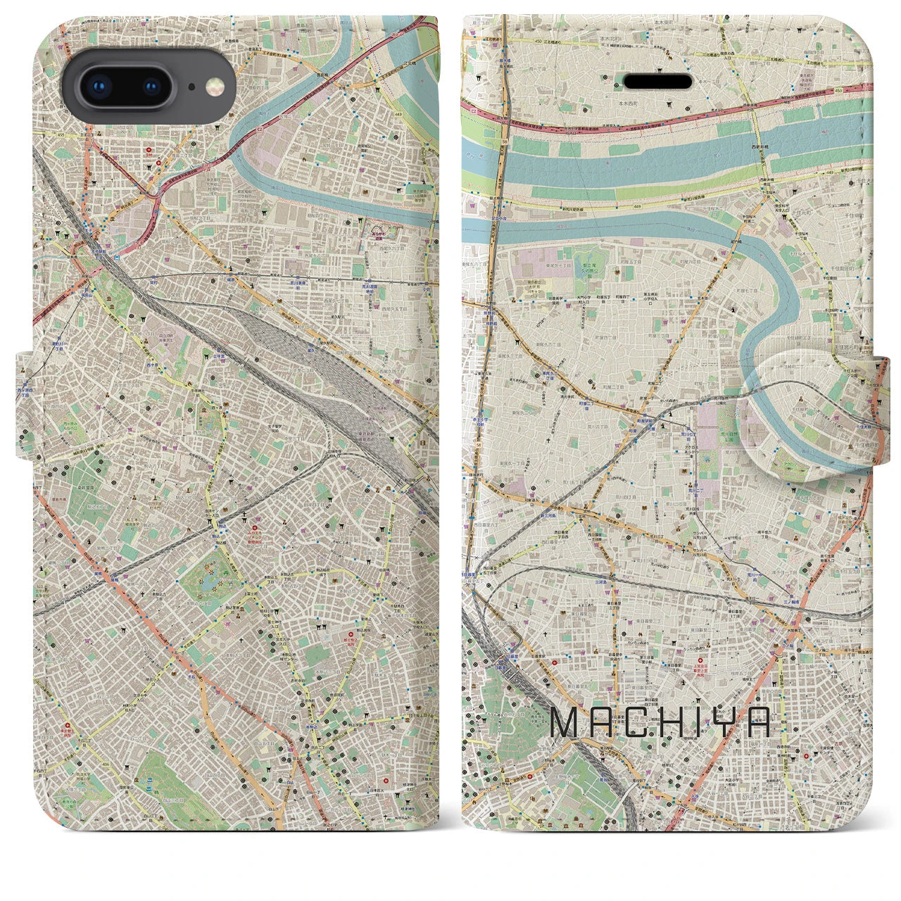 【町屋】地図柄iPhoneケース（手帳両面タイプ・ナチュラル）iPhone 8Plus /7Plus / 6sPlus / 6Plus 用