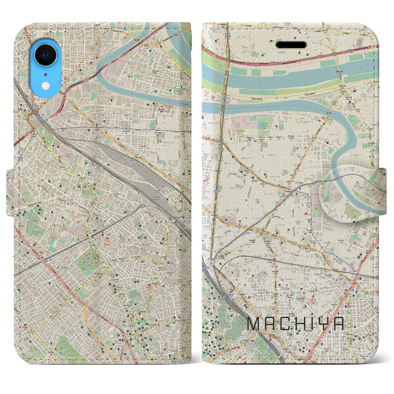【町屋】地図柄iPhoneケース（手帳両面タイプ・ナチュラル）iPhone XR 用
