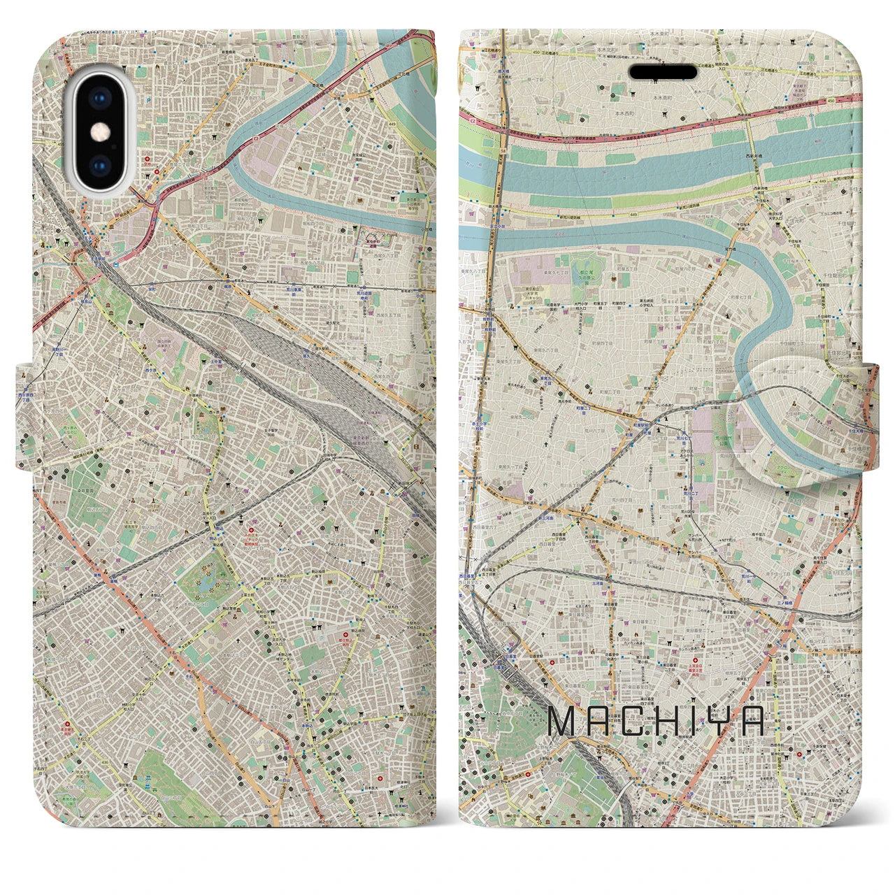 【町屋】地図柄iPhoneケース（手帳両面タイプ・ナチュラル）iPhone XS Max 用