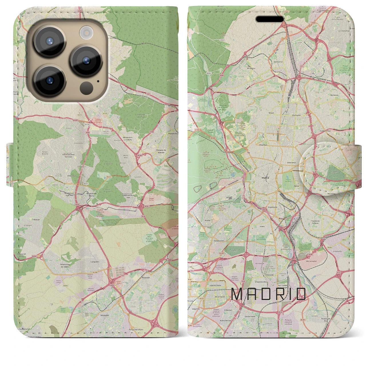 【マドリード】地図柄iPhoneケース（手帳両面タイプ・ナチュラル）iPhone 14 Pro Max 用