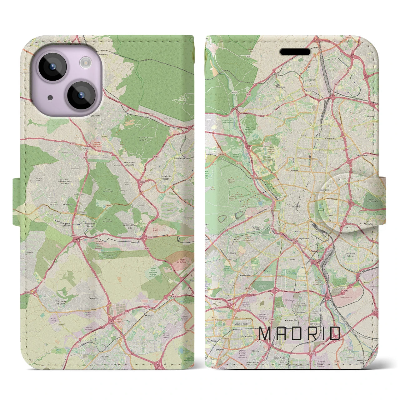 【マドリード】地図柄iPhoneケース（手帳両面タイプ・ナチュラル）iPhone 14 用