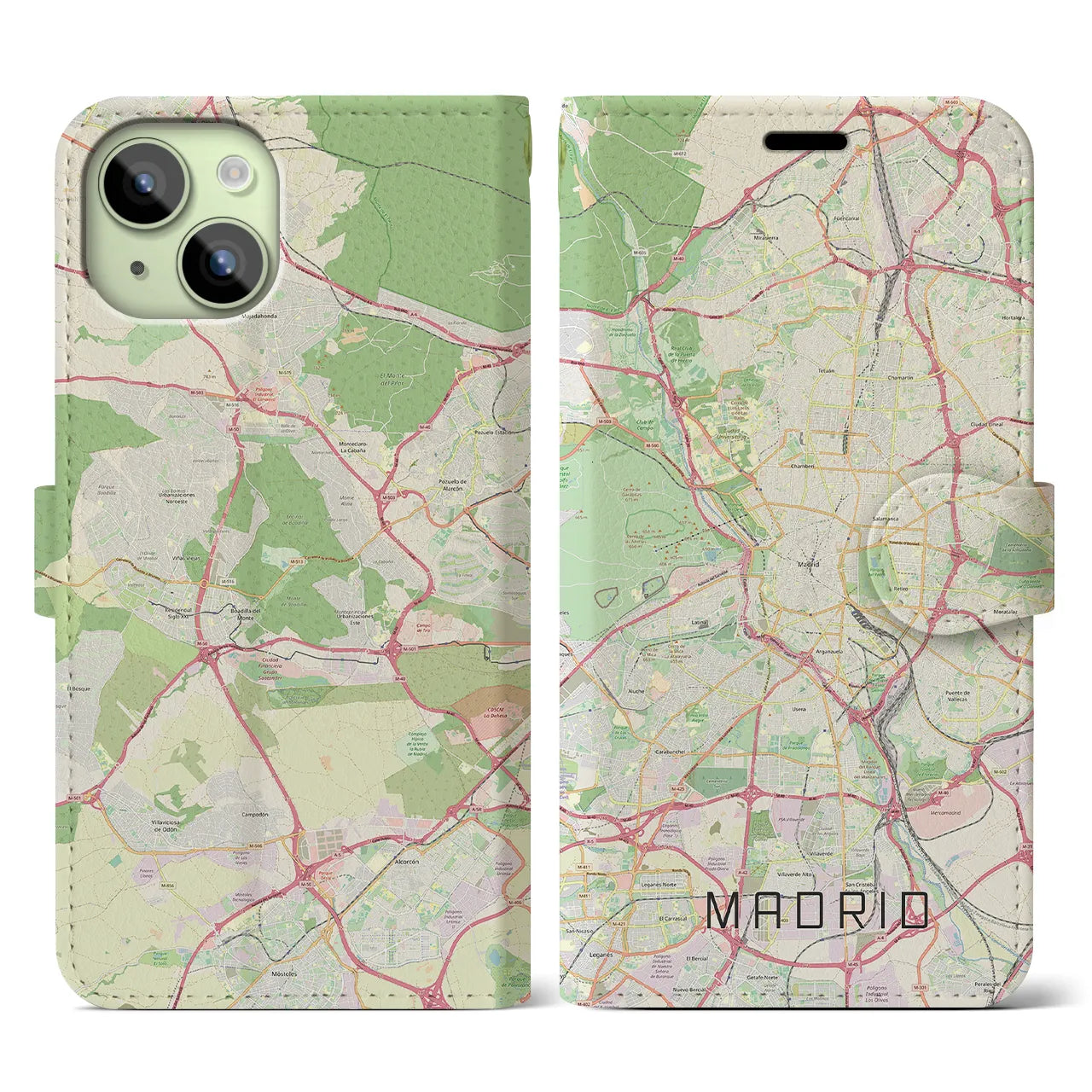 【マドリード】地図柄iPhoneケース（手帳両面タイプ・ナチュラル）iPhone 15 用
