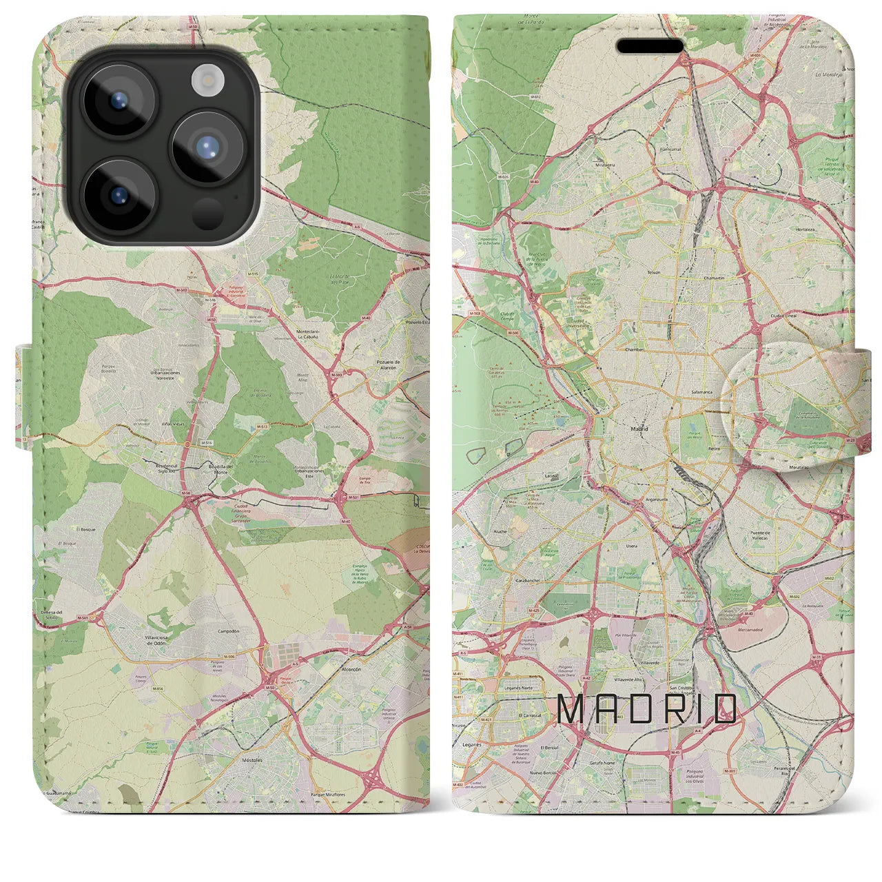 【マドリード】地図柄iPhoneケース（手帳両面タイプ・ナチュラル）iPhone 15 Pro Max 用