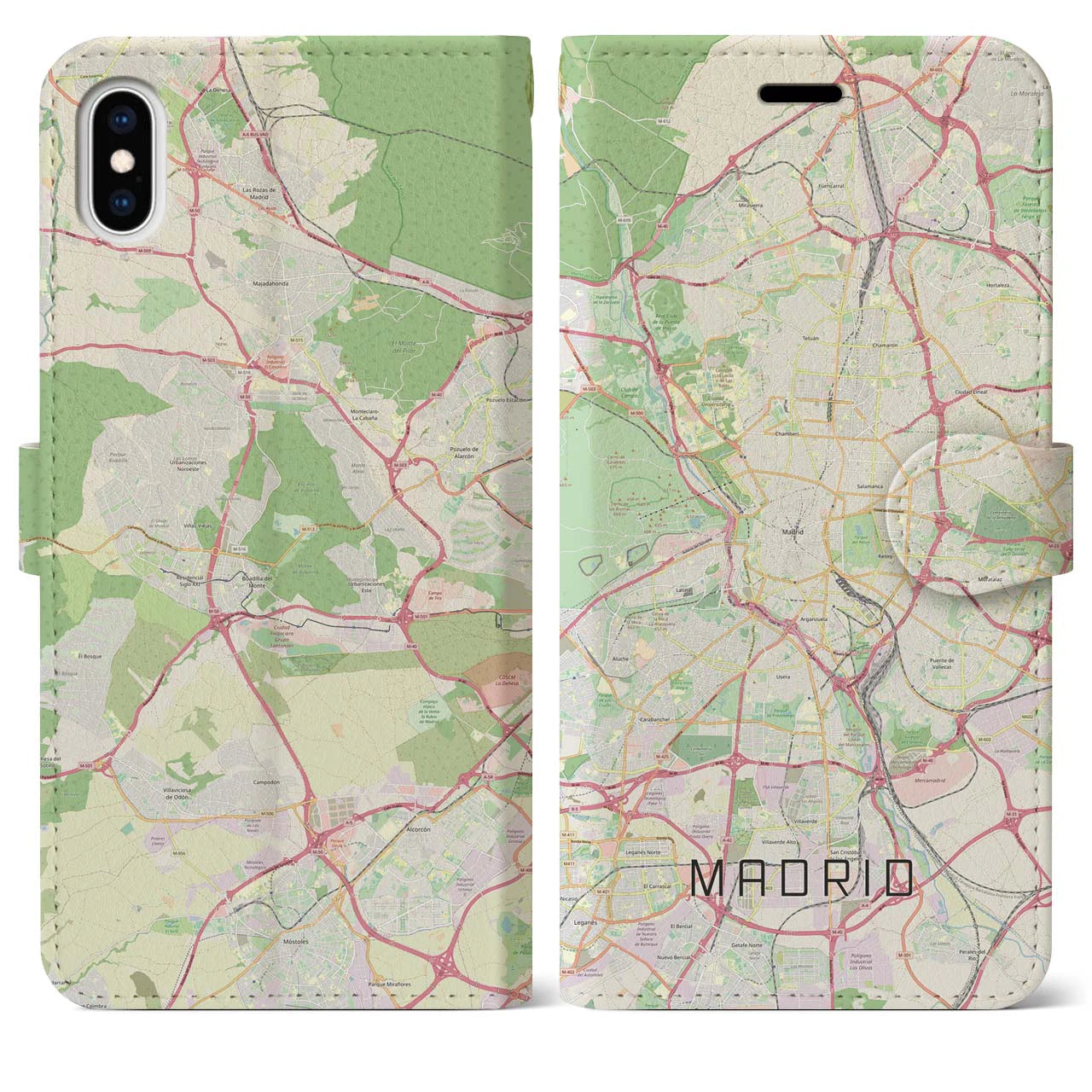 【マドリード】地図柄iPhoneケース（手帳両面タイプ・ナチュラル）iPhone XS Max 用