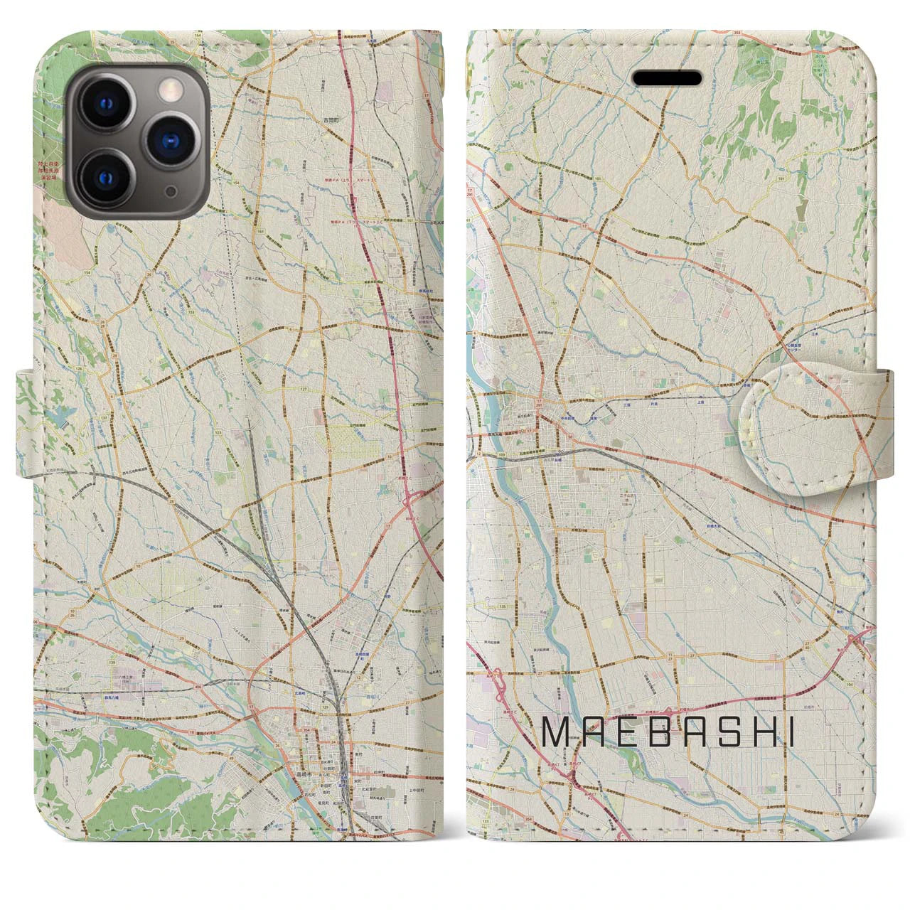 【前橋】地図柄iPhoneケース（手帳両面タイプ・ナチュラル）iPhone 11 Pro Max 用