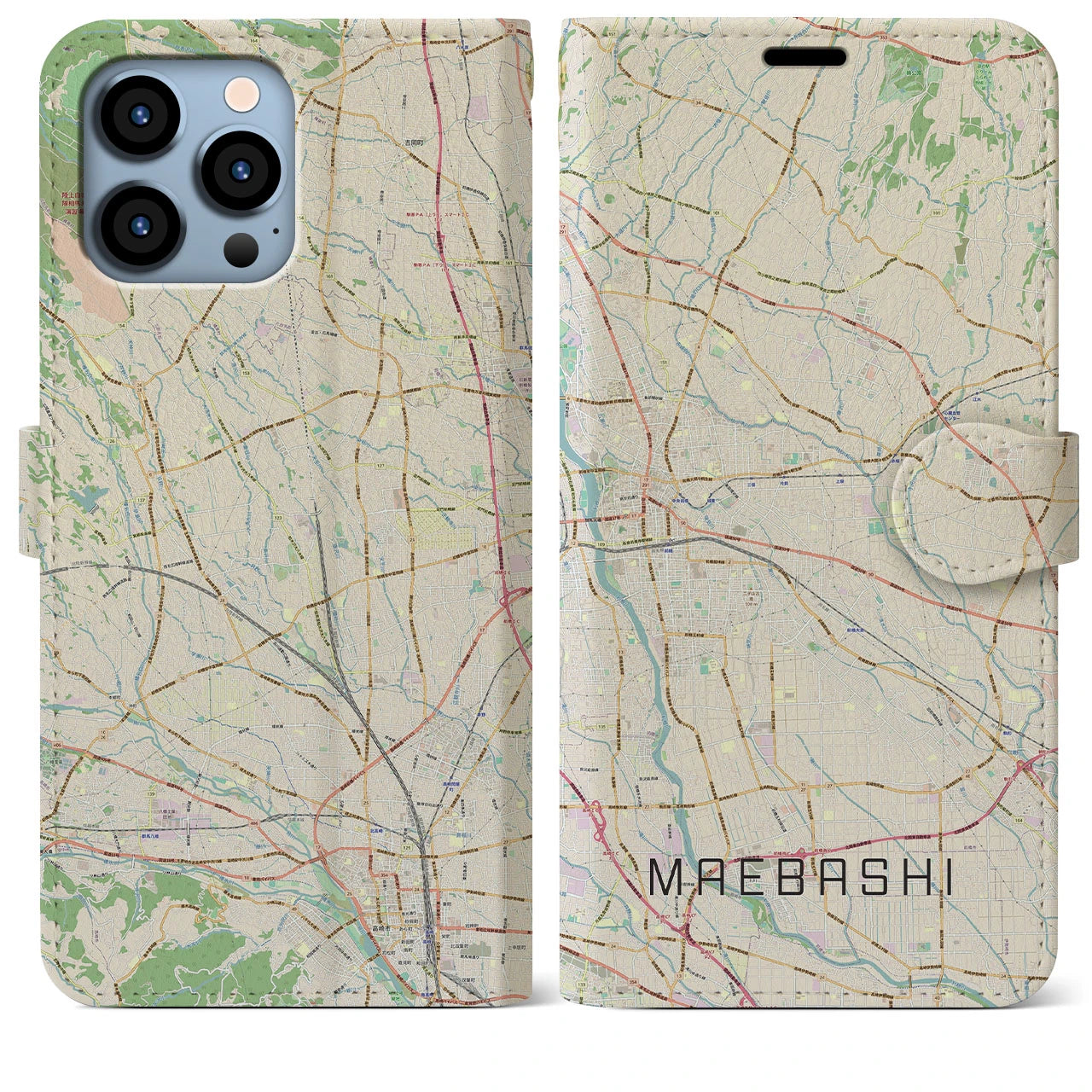 【前橋】地図柄iPhoneケース（手帳両面タイプ・ナチュラル）iPhone 13 Pro Max 用