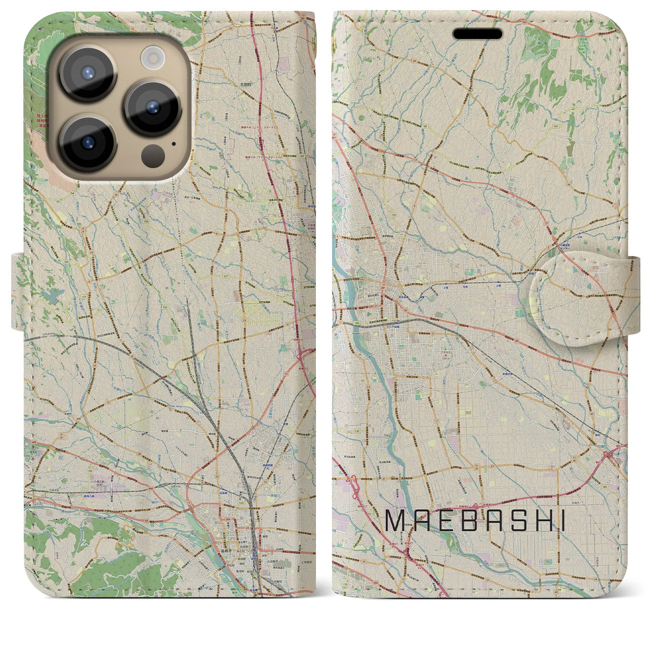 【前橋】地図柄iPhoneケース（手帳両面タイプ・ナチュラル）iPhone 14 Pro Max 用