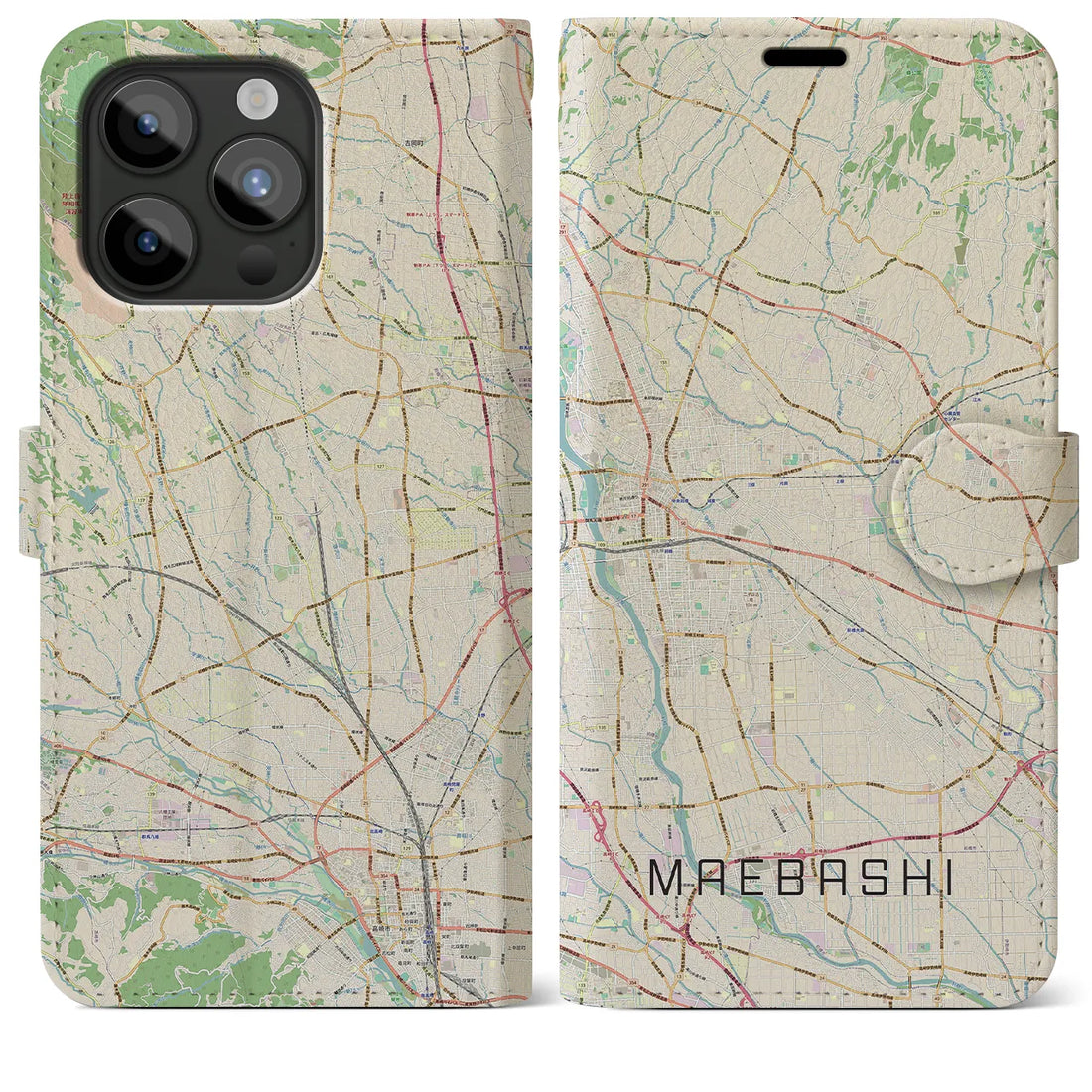 【前橋】地図柄iPhoneケース（手帳両面タイプ・ナチュラル）iPhone 15 Pro Max 用