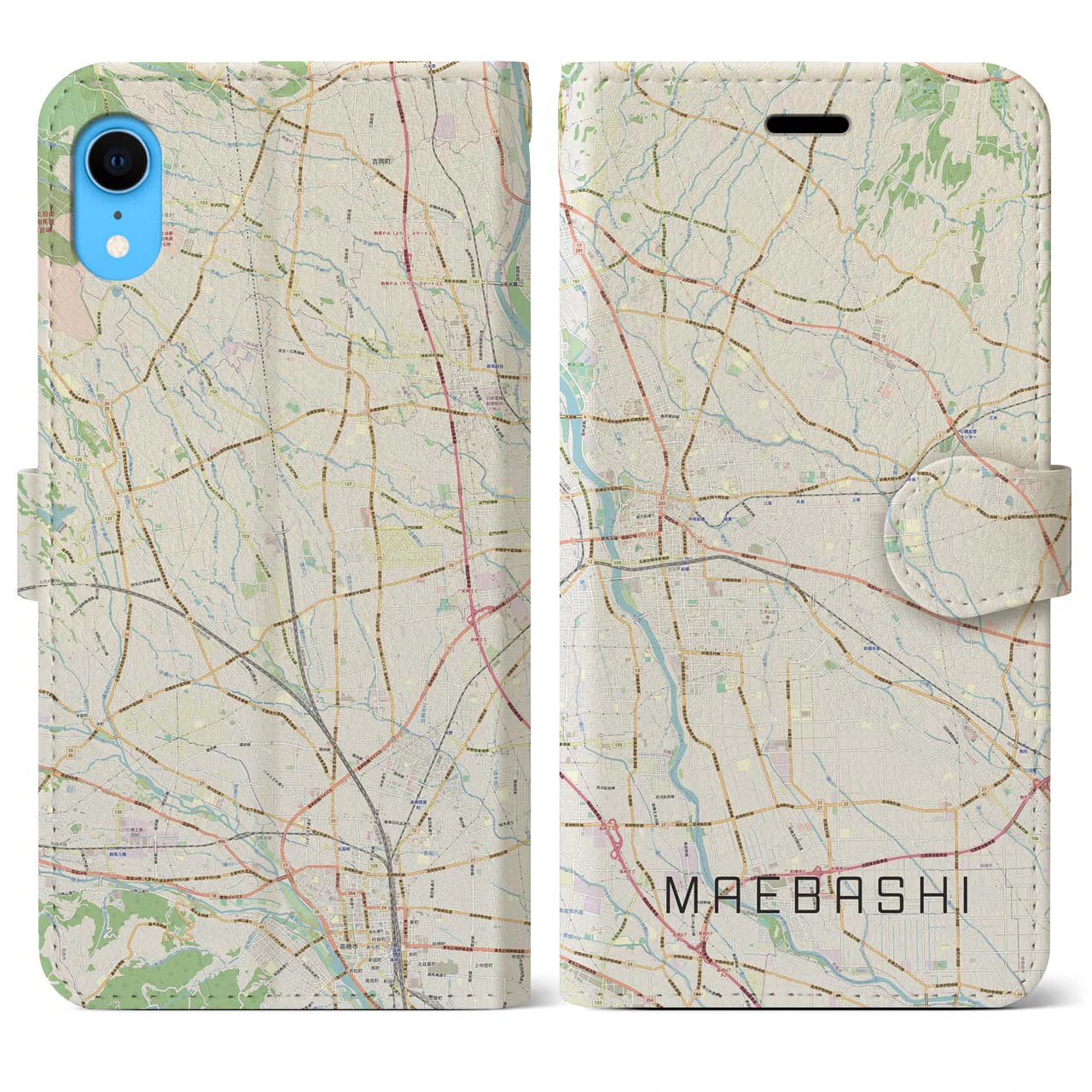 【前橋】地図柄iPhoneケース（手帳両面タイプ・ナチュラル）iPhone XR 用