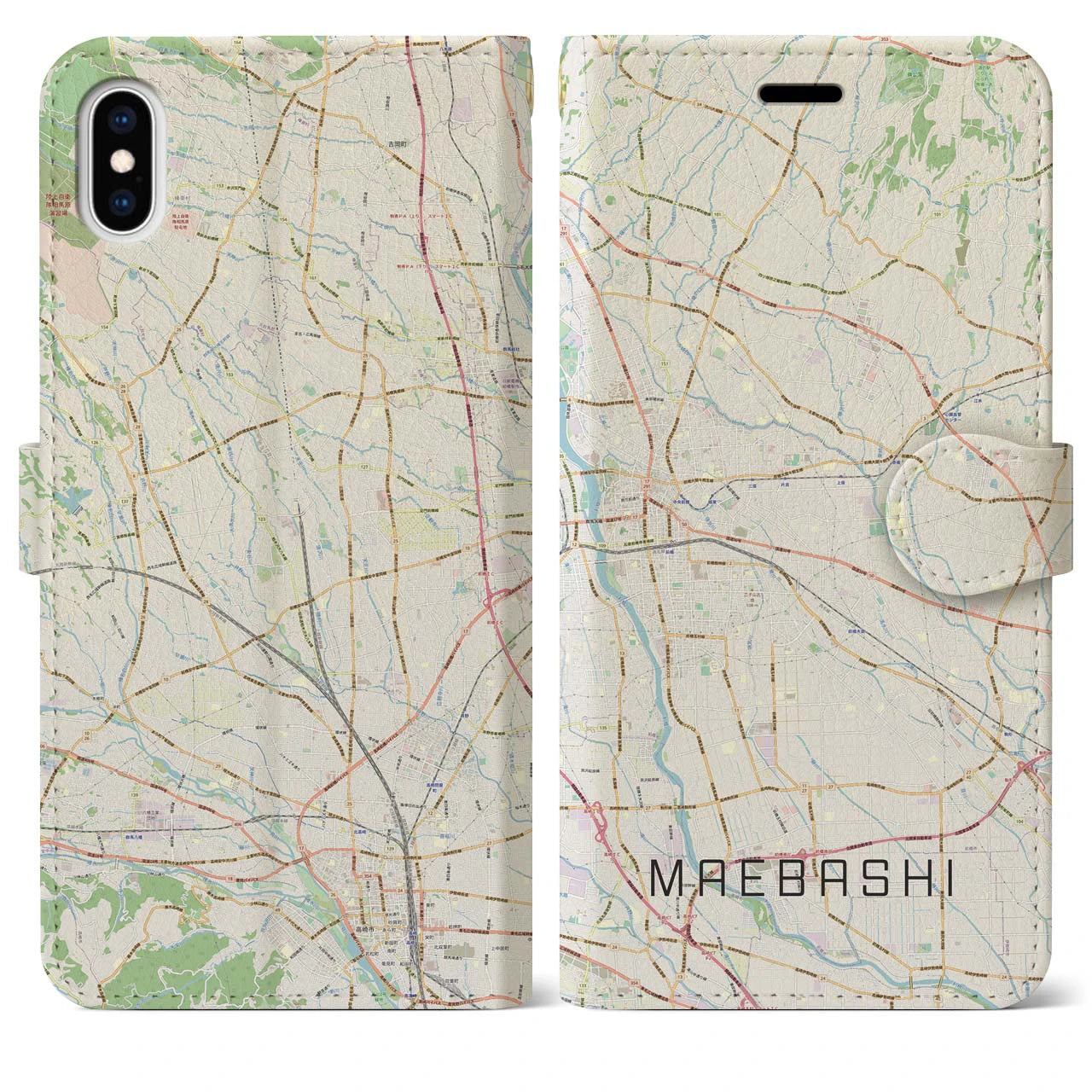 【前橋】地図柄iPhoneケース（手帳両面タイプ・ナチュラル）iPhone XS Max 用