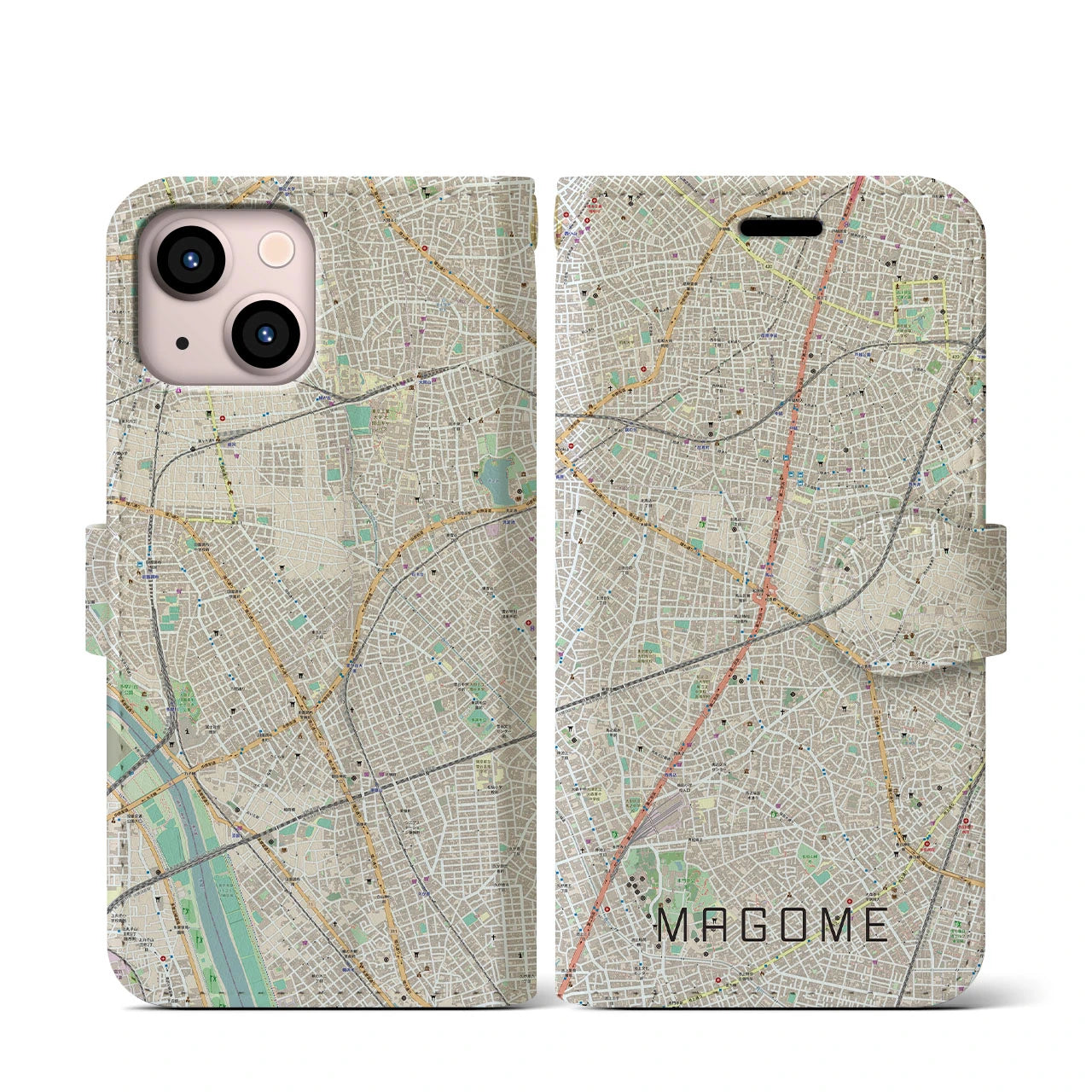 【馬込】地図柄iPhoneケース（手帳両面タイプ・ナチュラル）iPhone 13 mini 用