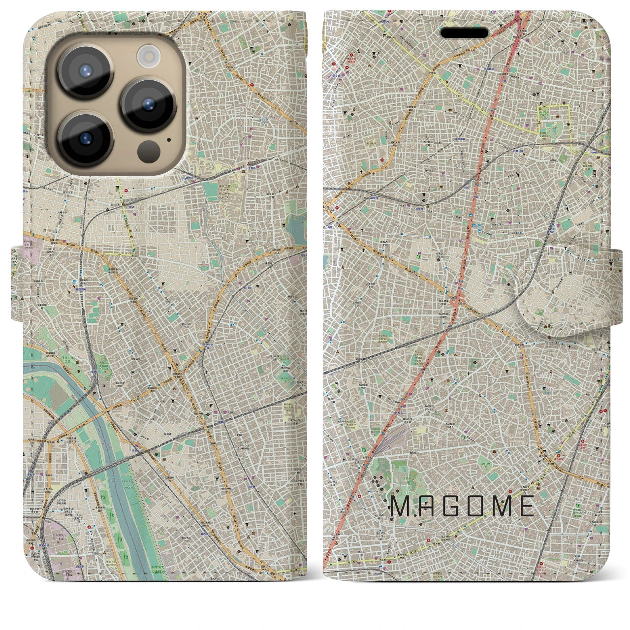 【馬込】地図柄iPhoneケース（手帳両面タイプ・ナチュラル）iPhone 14 Pro Max 用