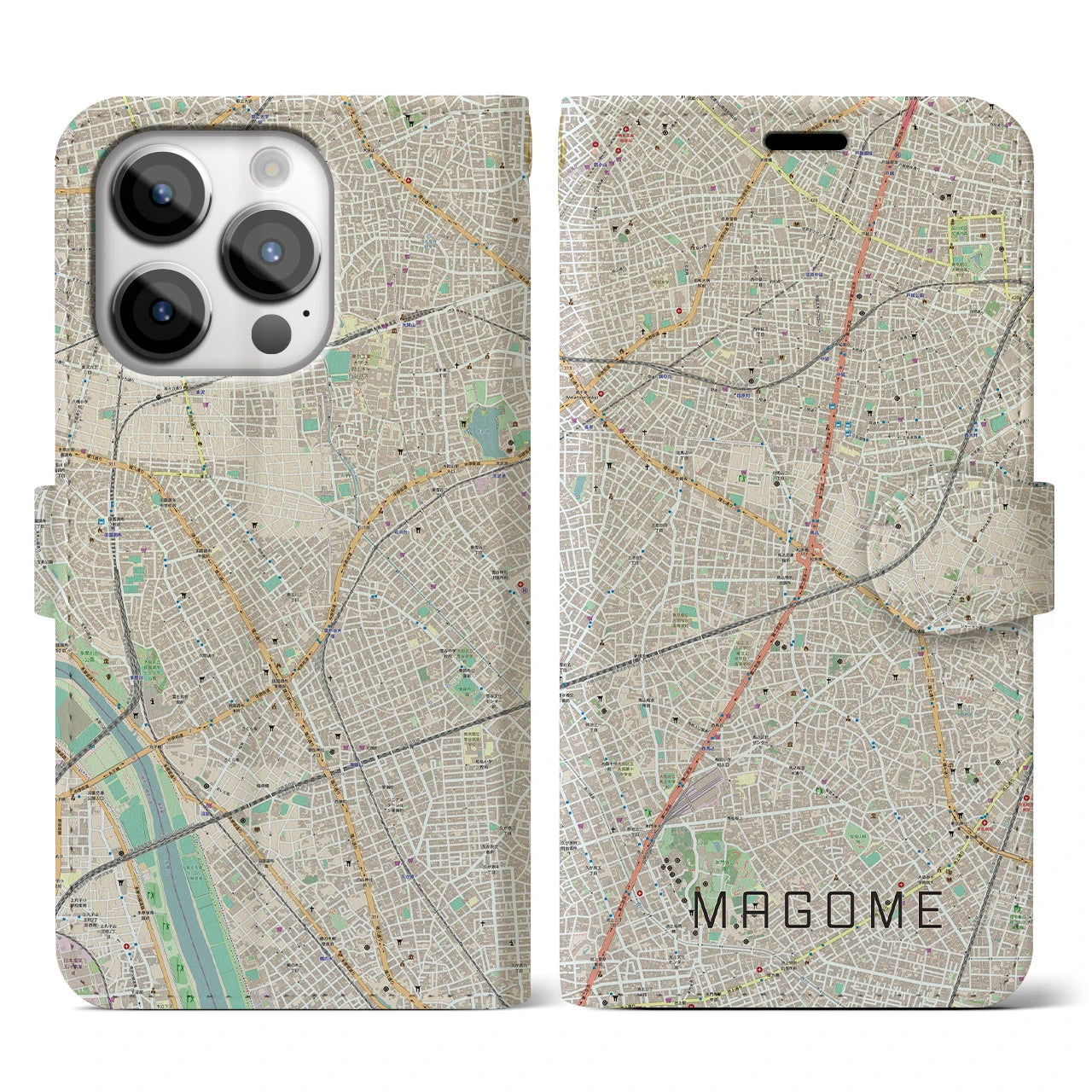 【馬込】地図柄iPhoneケース（手帳両面タイプ・ナチュラル）iPhone 14 Pro 用